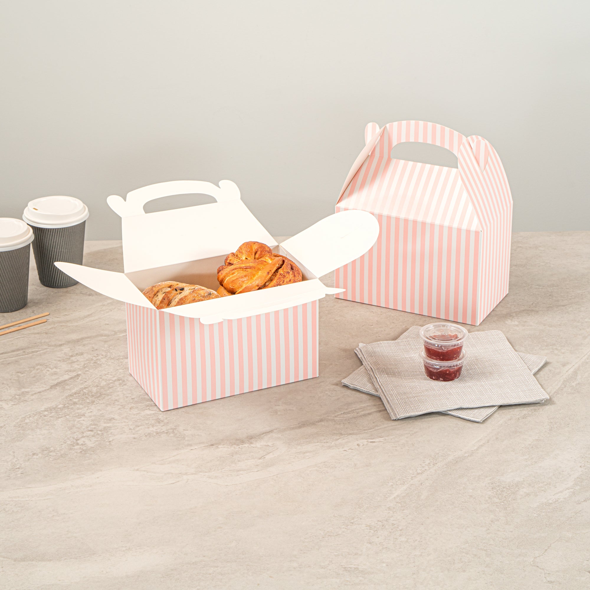 Bio Tek Pink & White Stripe Paper Gable Box / Take Out Container - Compostable - 8 1/2" x 4 3/4" x 5 1/2" - 25 count box