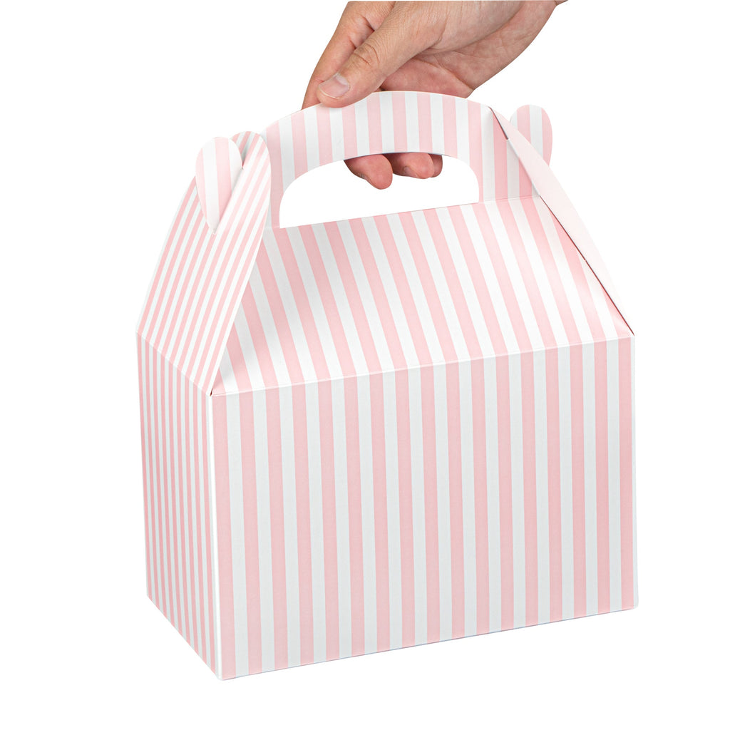 Bio Tek Pink & White Stripe Paper Gable Box / Take Out Container - Compostable - 8 1/2" x 4 3/4" x 5 1/2" - 25 count box