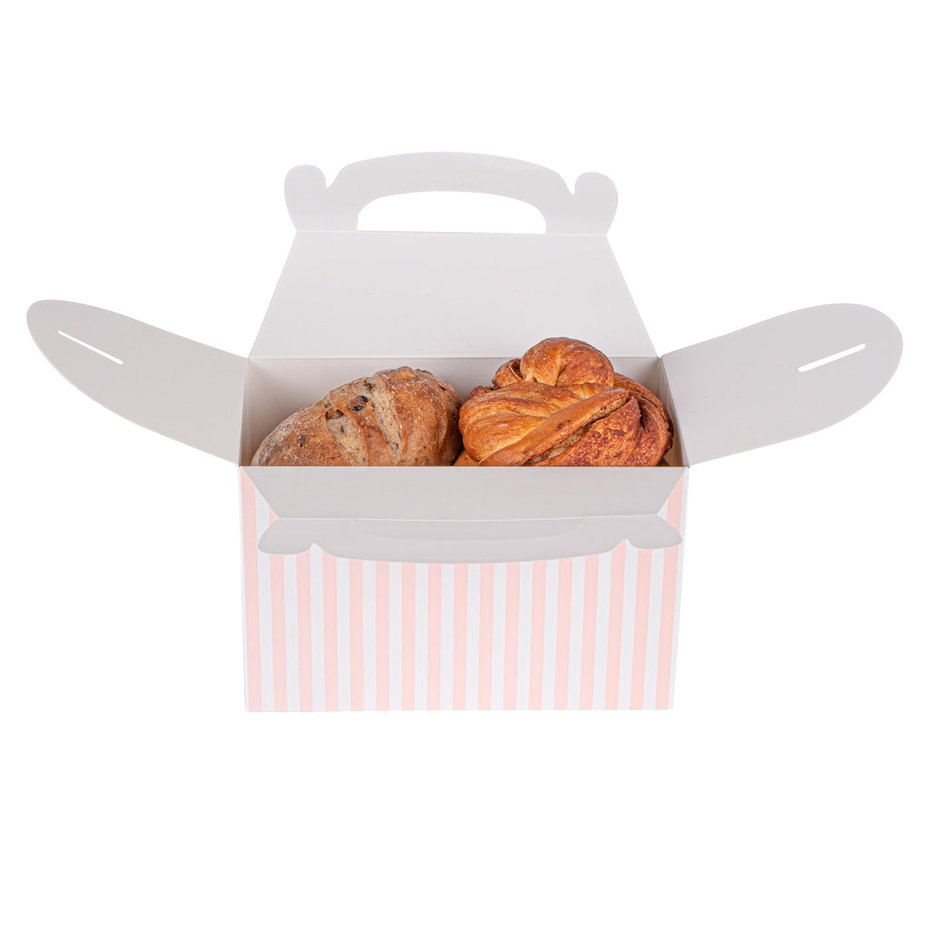 Bio Tek Pink & White Stripe Paper Gable Box / Take Out Container - Compostable - 8 1/2" x 4 3/4" x 5 1/2" - 25 count box