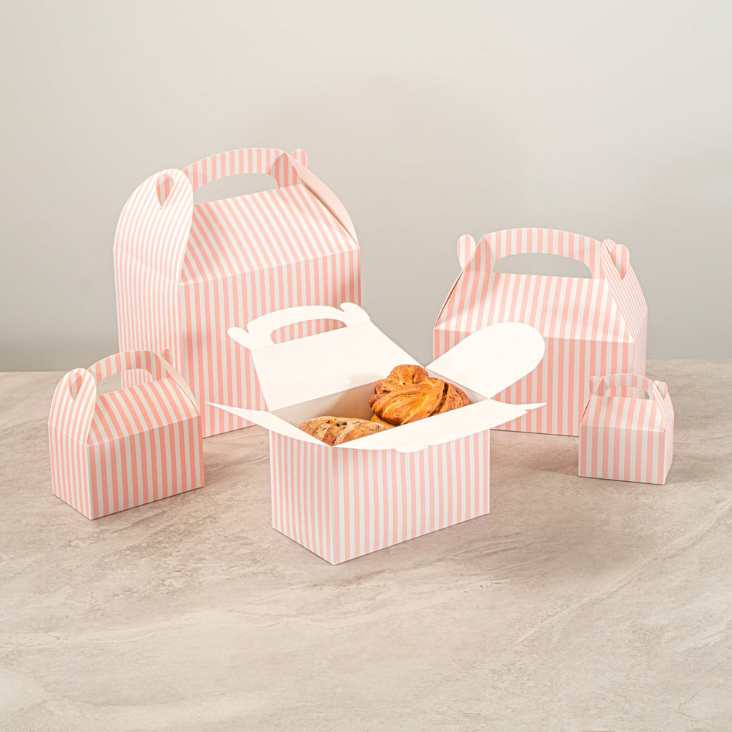 Bio Tek Pink & White Stripe Paper Gable Box / Take Out Container - Compostable - 8 1/2" x 4 3/4" x 5 1/2" - 25 count box