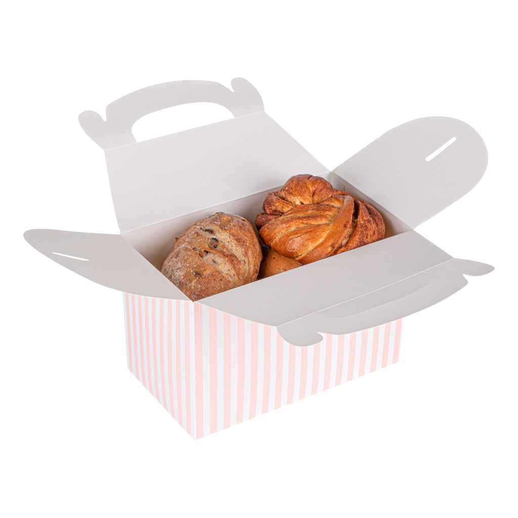 Bio Tek Pink & White Stripe Paper Gable Box / Take Out Container - Compostable - 8 1/2" x 4 3/4" x 5 1/2" - 100 count box