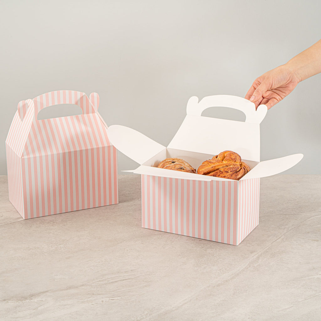 Bio Tek Pink & White Stripe Paper Gable Box / Take Out Container - Compostable - 8 1/2" x 4 3/4" x 5 1/2" - 100 count box