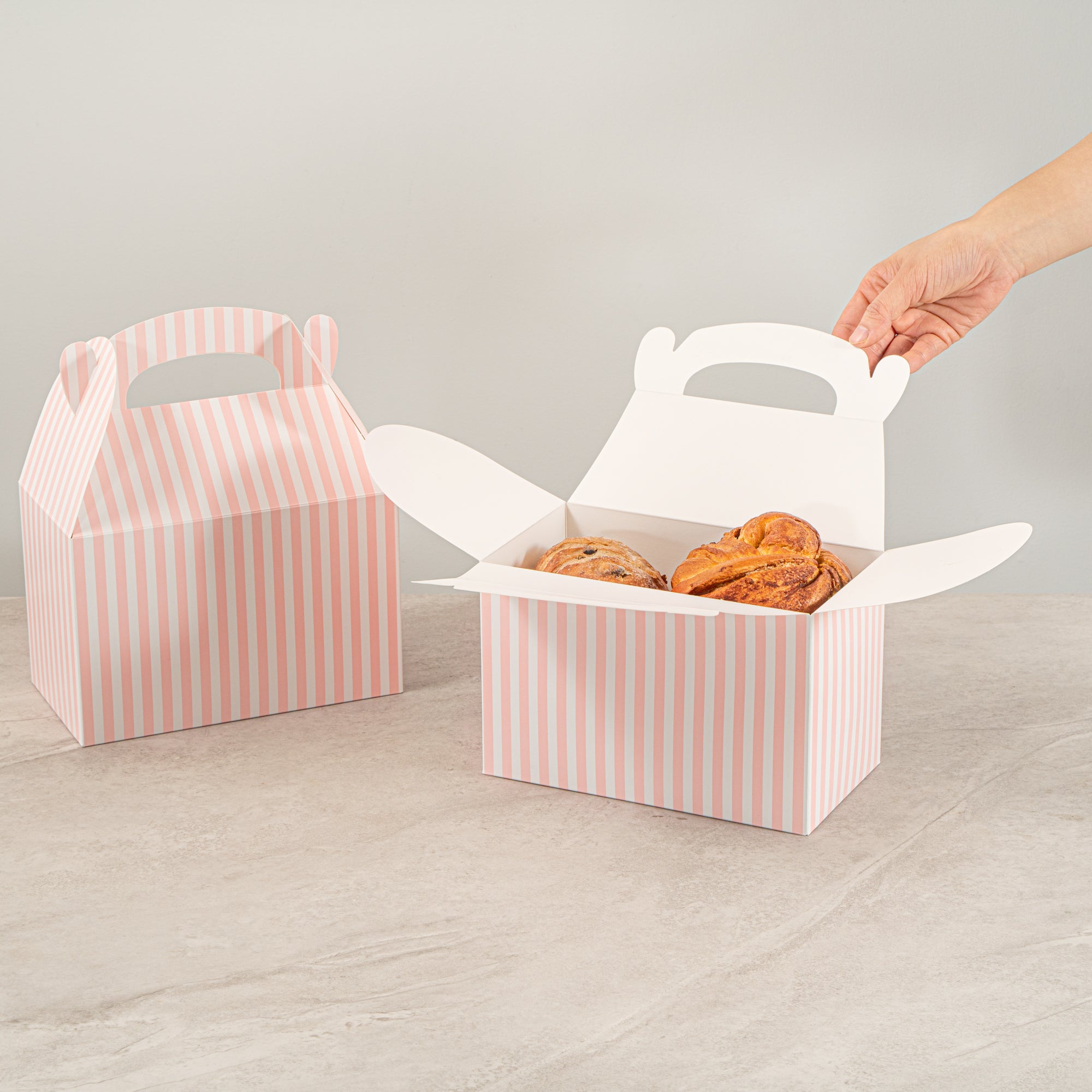 Bio Tek Pink & White Stripe Paper Gable Box / Take Out Container - Compostable - 8 1/2" x 4 3/4" x 5 1/2" - 100 count box
