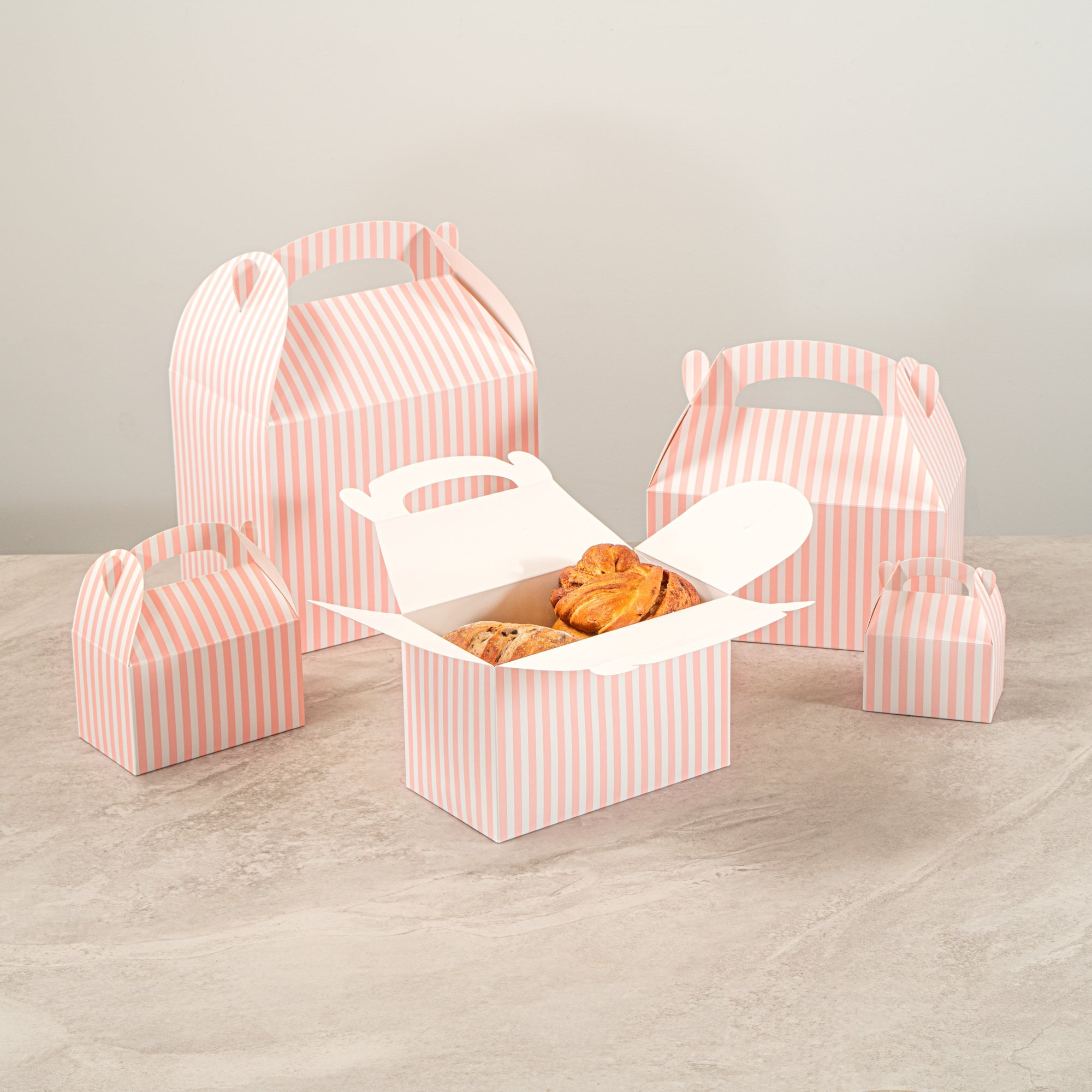 Bio Tek Pink & White Stripe Paper Gable Box / Take Out Container - Compostable - 8 1/2" x 4 3/4" x 5 1/2" - 100 count box