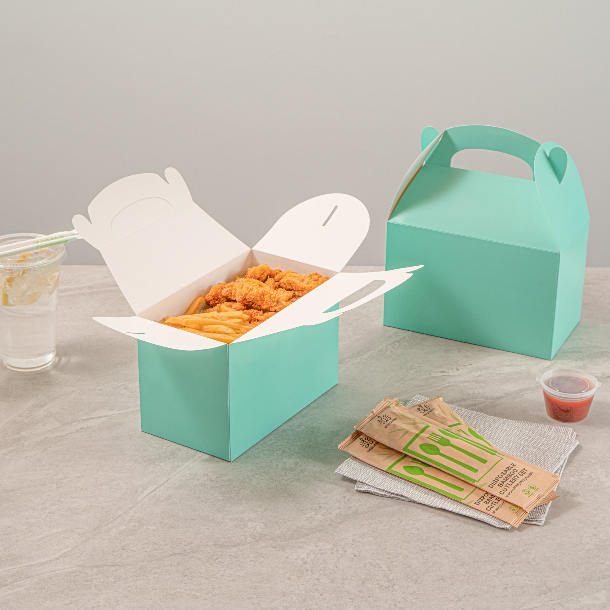 Bio Tek Turquoise Paper Gable Box / Take Out Container - Compostable - 8 1/2" x 4 3/4" x 5 1/2" - 25 count box