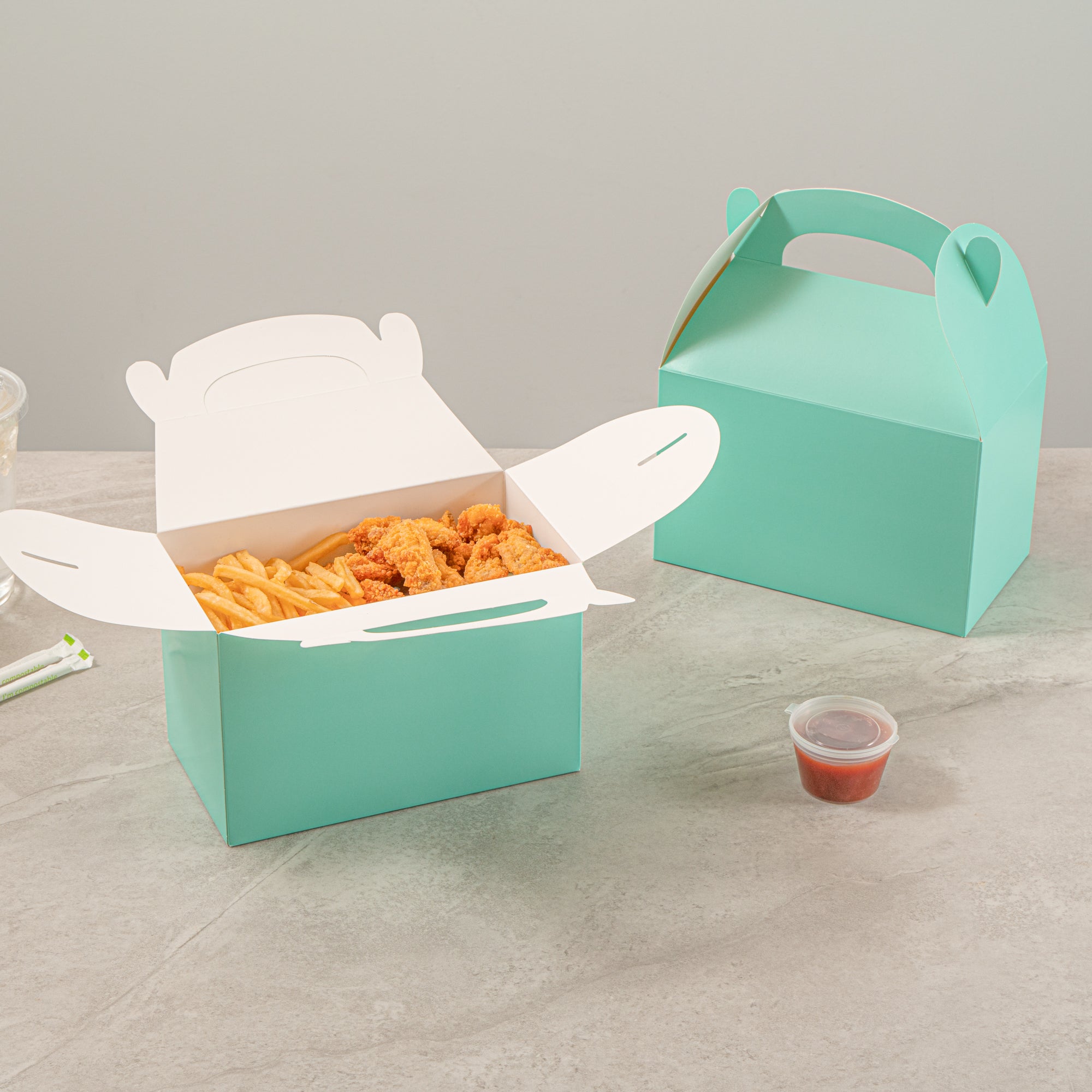Bio Tek Turquoise Paper Gable Box / Take Out Container - Compostable - 8 1/2" x 4 3/4" x 5 1/2" - 25 count box