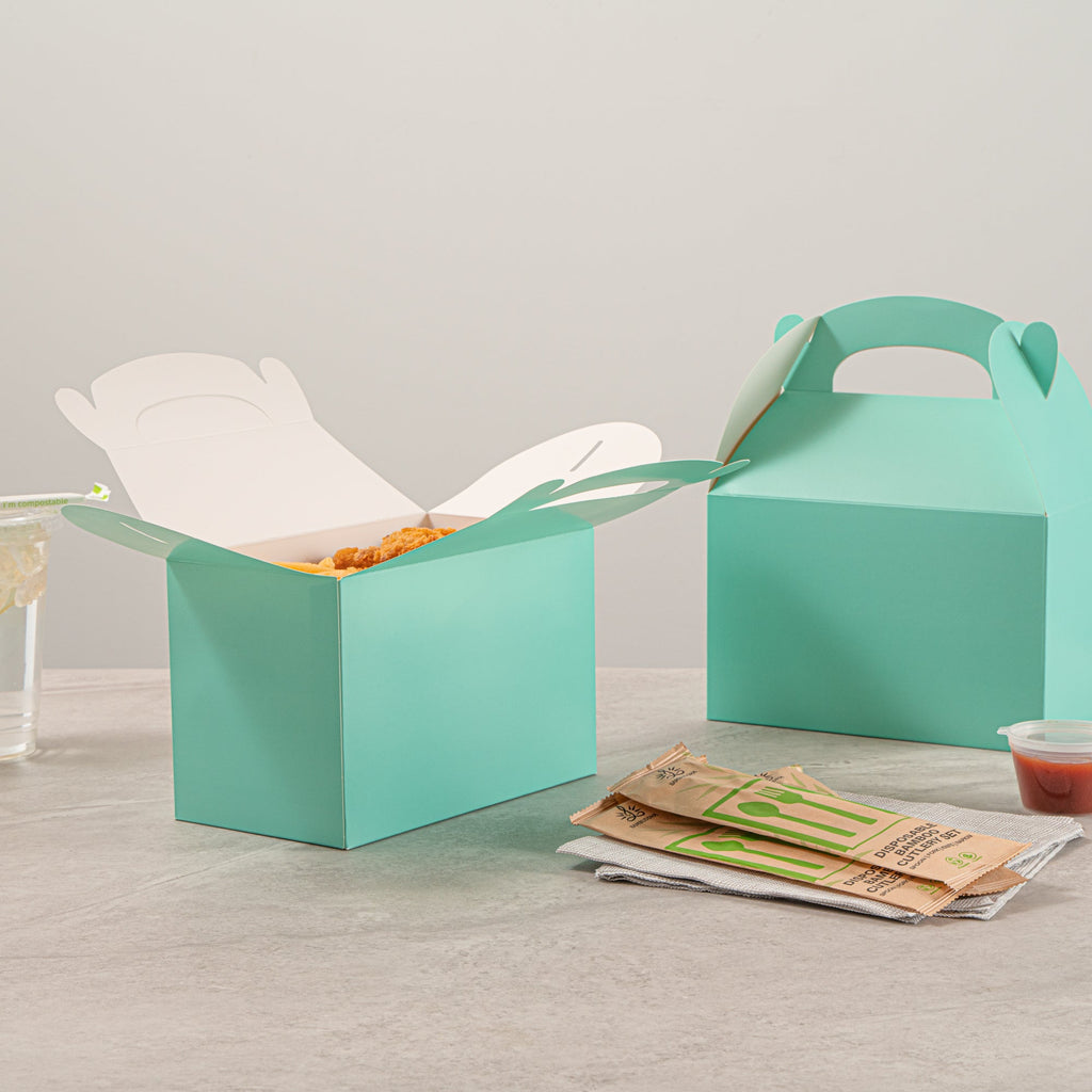 Bio Tek Turquoise Paper Gable Box / Take Out Container - Compostable - 8 1/2" x 4 3/4" x 5 1/2" - 25 count box