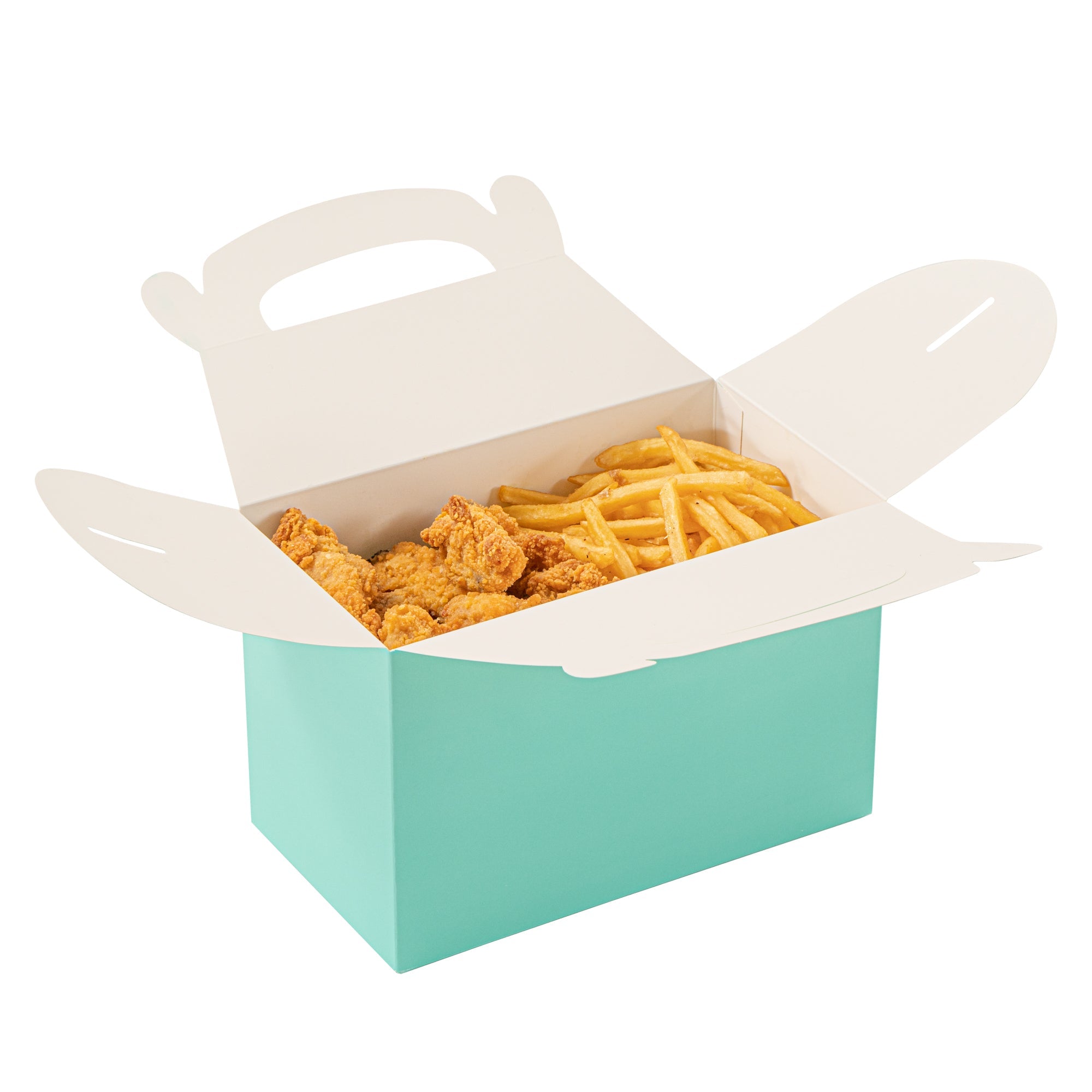 Bio Tek Turquoise Paper Gable Box / Take Out Container - Compostable - 8 1/2" x 4 3/4" x 5 1/2" - 100 count box