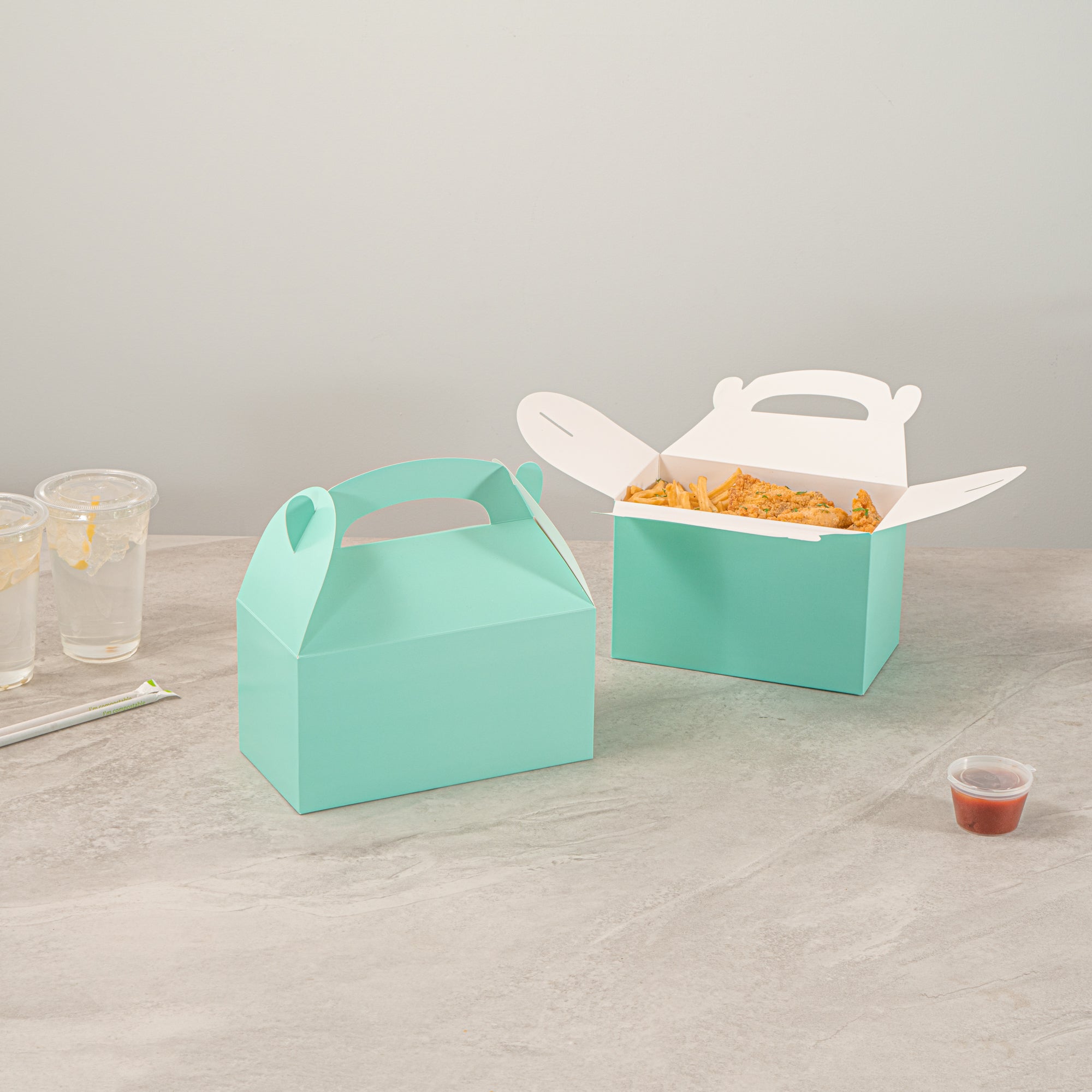 Bio Tek Turquoise Paper Gable Box / Take Out Container - Compostable - 8 1/2" x 4 3/4" x 5 1/2" - 100 count box