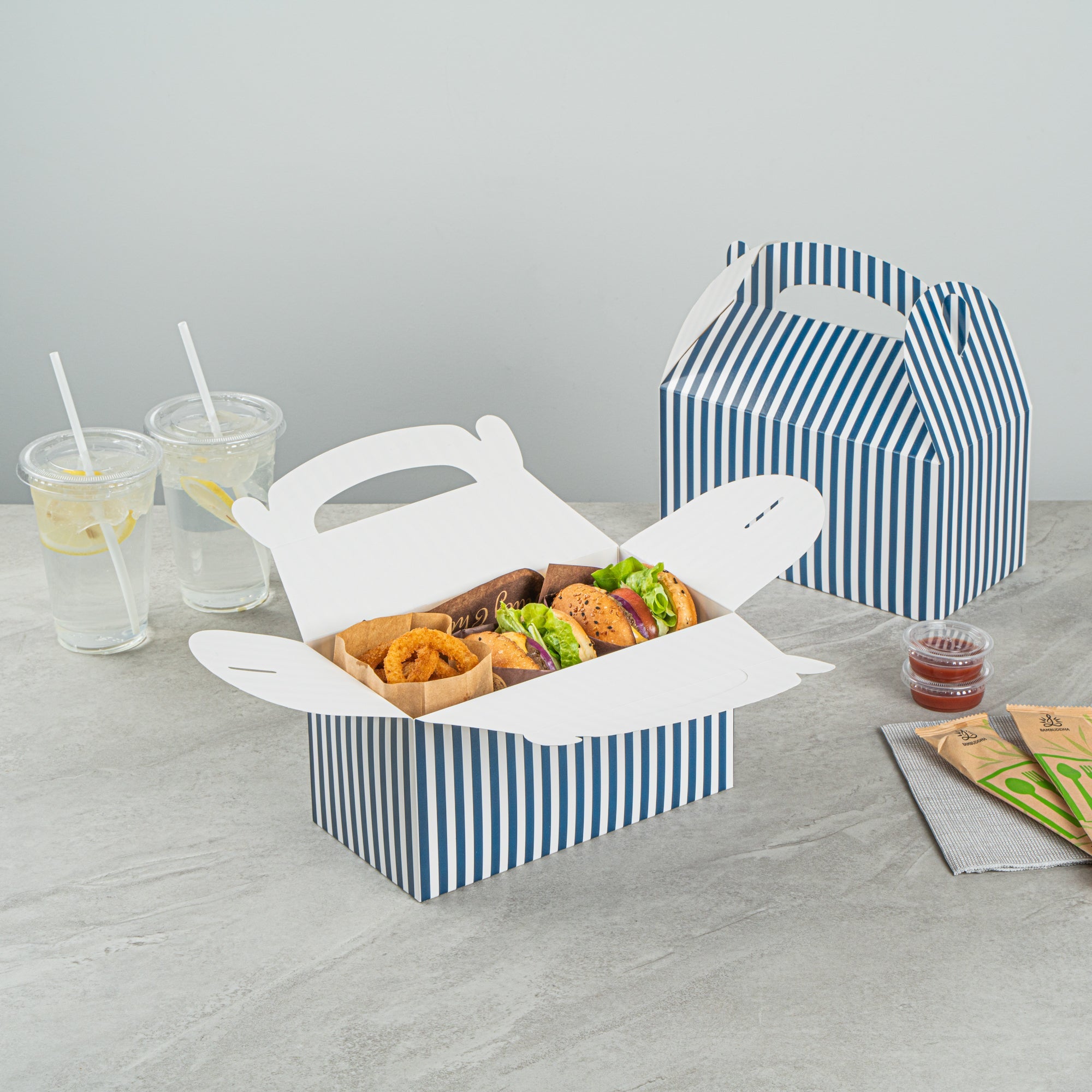 Bio Tek Blue & White Stripe Paper Gable Box / Take Out Container - Compostable - 9 1/2" x 5" x 5" - 25 count box