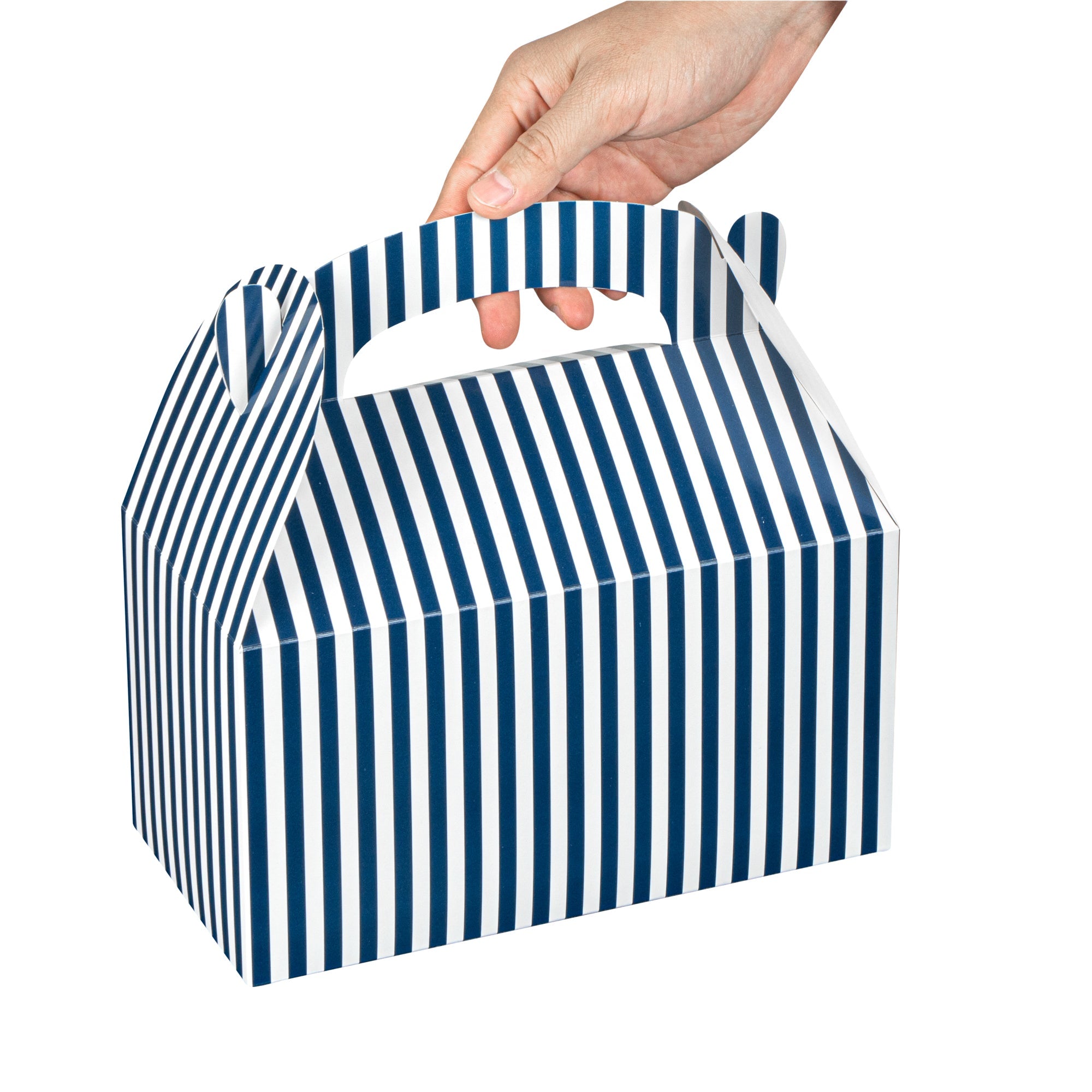 Bio Tek Blue & White Stripe Paper Gable Box / Take Out Container - Compostable - 9 1/2" x 5" x 5" - 25 count box