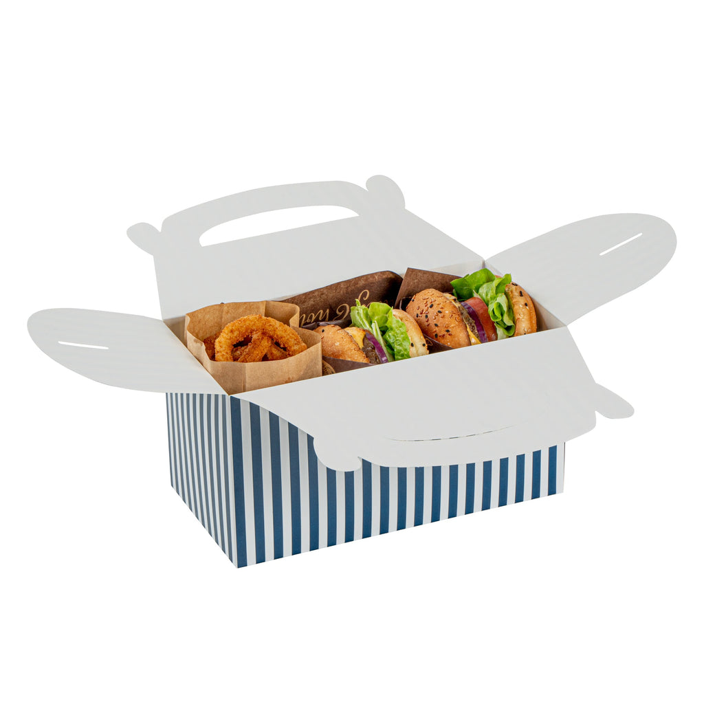 Bio Tek Blue & White Stripe Paper Gable Box / Take Out Container - Compostable - 9 1/2" x 5" x 5" - 100 count box