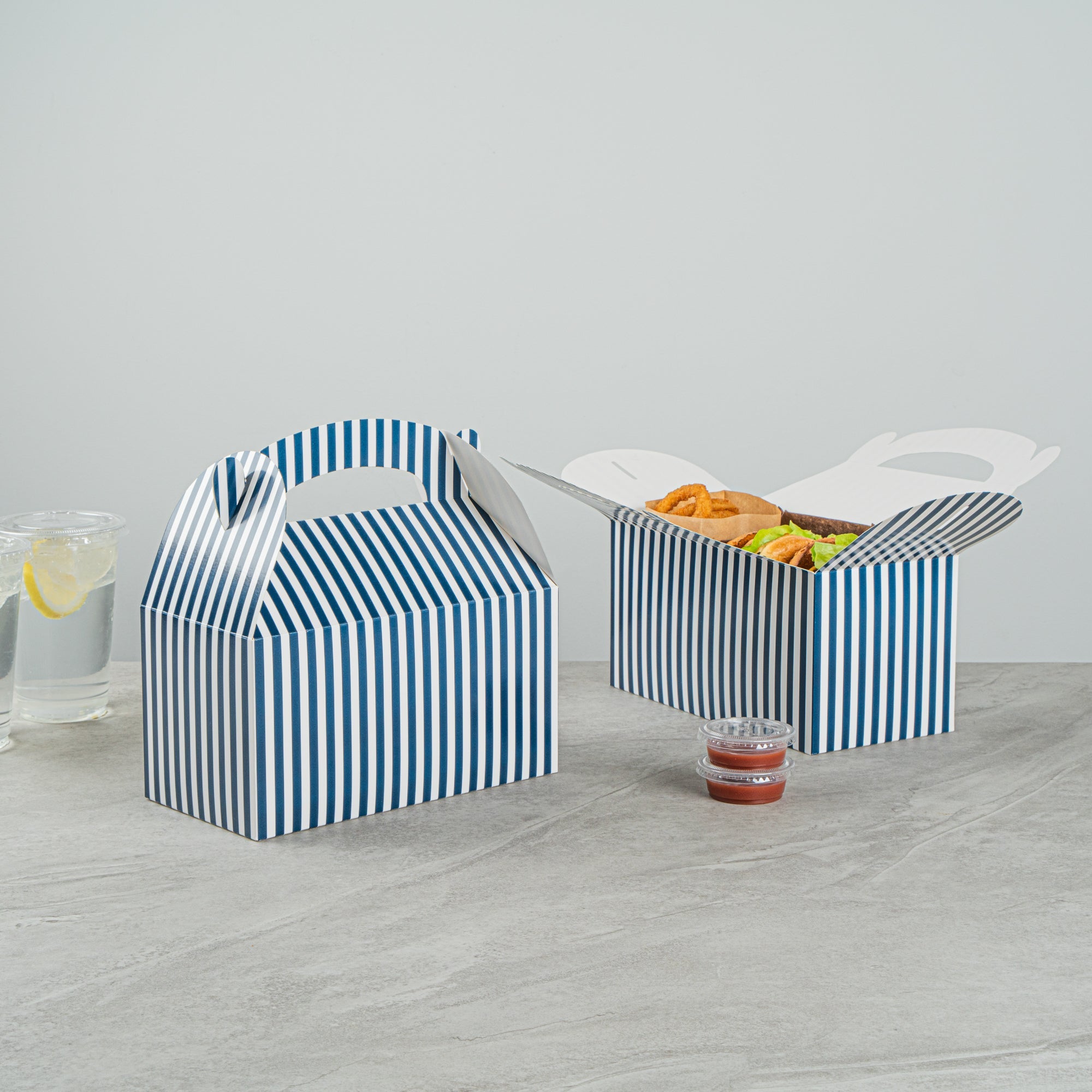 Bio Tek Blue & White Stripe Paper Gable Box / Take Out Container - Compostable - 9 1/2" x 5" x 5" - 100 count box