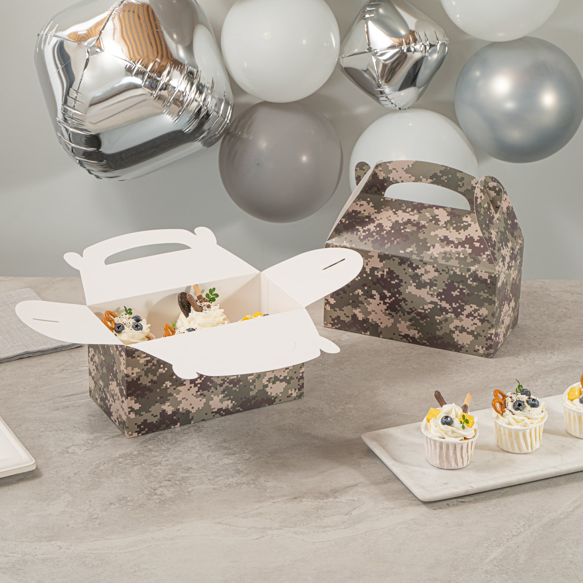 Bio Tek Camouflage Paper Gable Box / Take Out Container - Commercially composatble - 9 1/2" x 5" x 5" - 100 count box