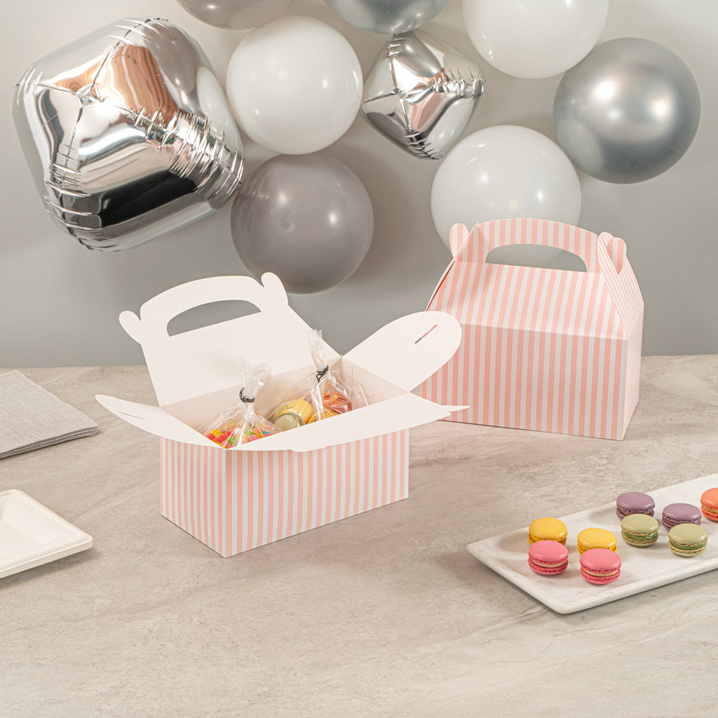 Bio Tek Pink & White Stripe Paper Gable Box / Take Out Container - Compostable - 9 1/2" x 5" x 5" - 25 count box