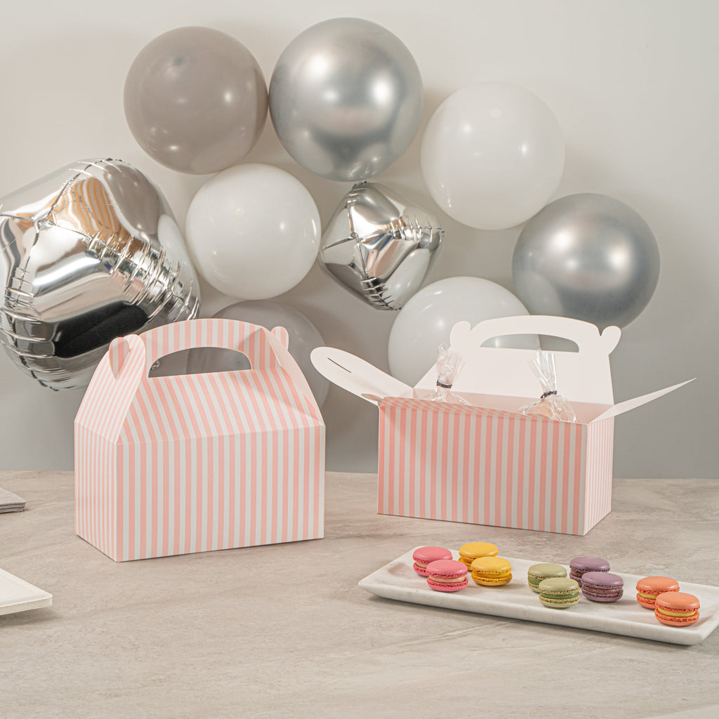 Bio Tek Pink & White Stripe Paper Gable Box / Take Out Container - Compostable - 9 1/2" x 5" x 5" - 25 count box