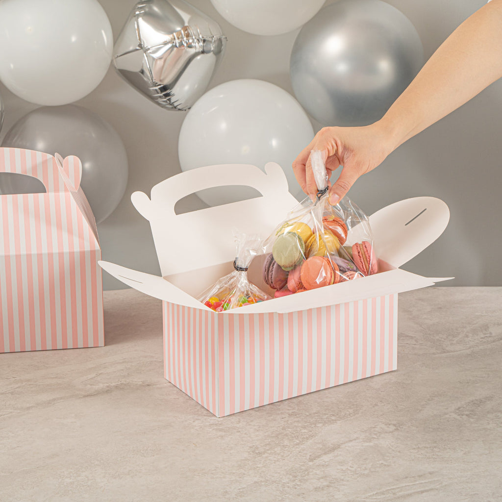 Bio Tek Pink & White Stripe Paper Gable Box / Take Out Container - Compostable - 9 1/2" x 5" x 5" - 25 count box