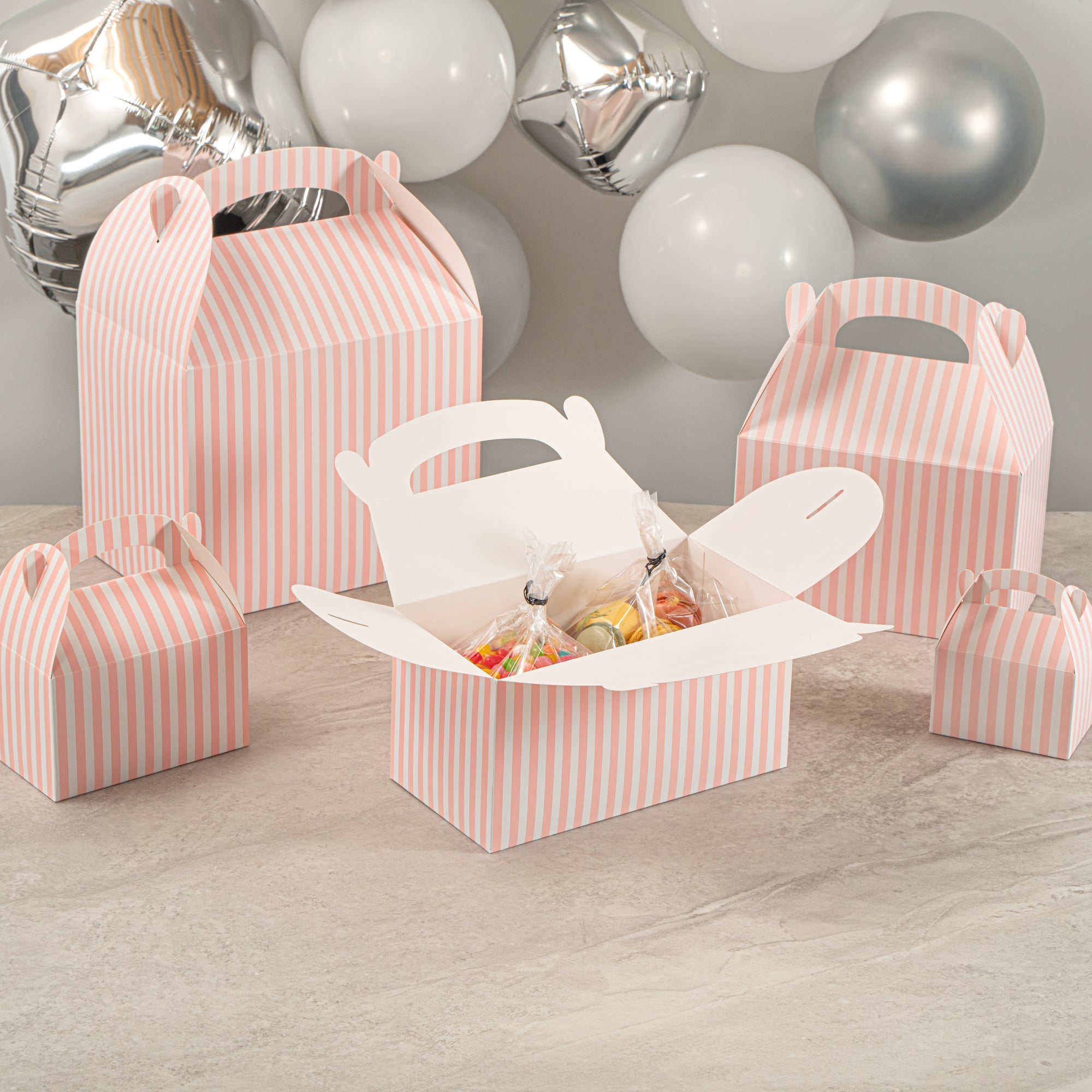 Bio Tek Pink & White Stripe Paper Gable Box / Take Out Container - Compostable - 9 1/2" x 5" x 5" - 25 count box