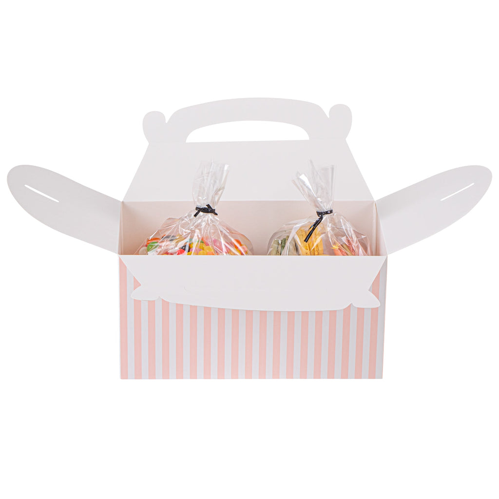 Bio Tek Pink & White Stripe Paper Gable Box / Take Out Container - Compostable - 9 1/2" x 5" x 5" - 100 count box