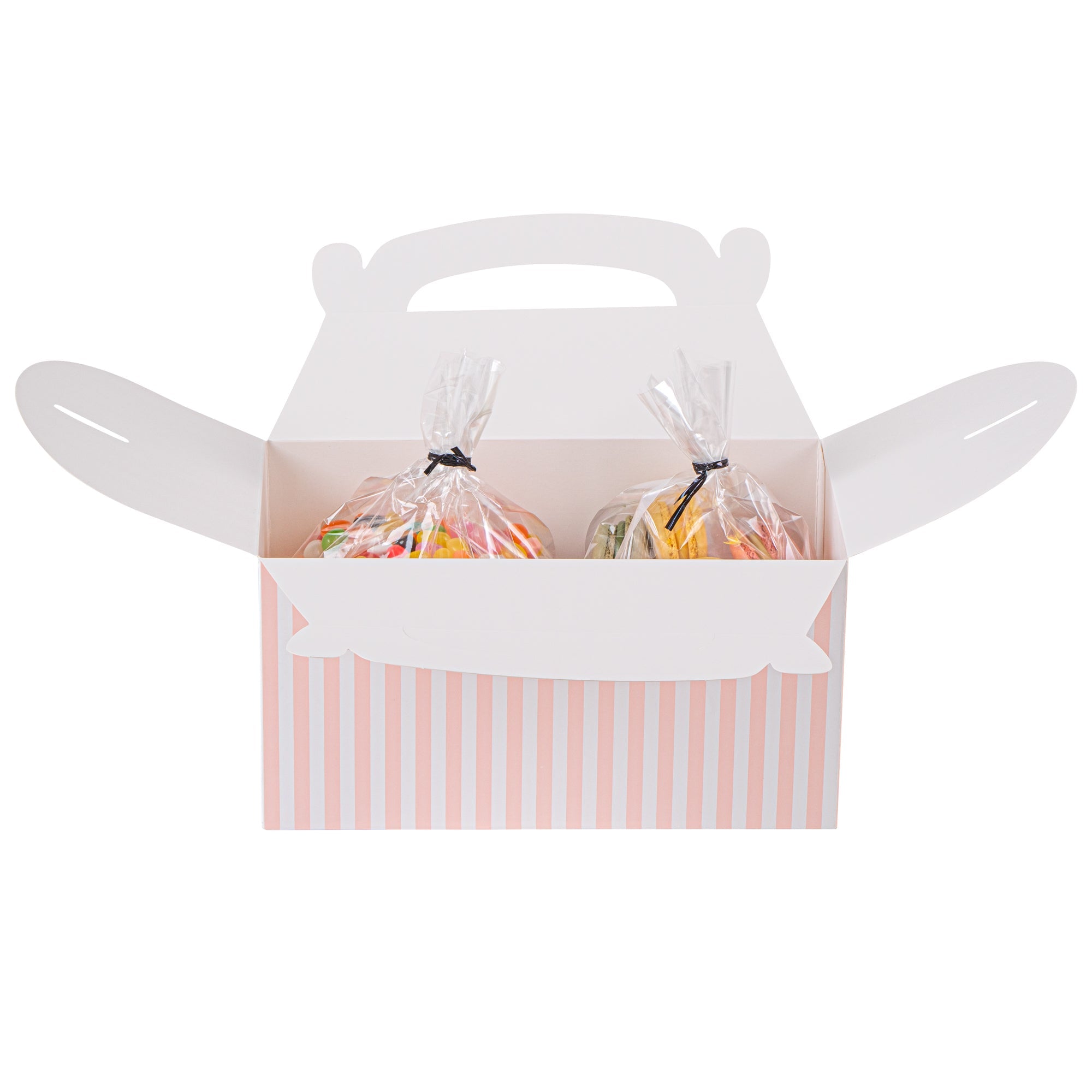 Bio Tek Pink & White Stripe Paper Gable Box / Take Out Container - Compostable - 9 1/2" x 5" x 5" - 100 count box
