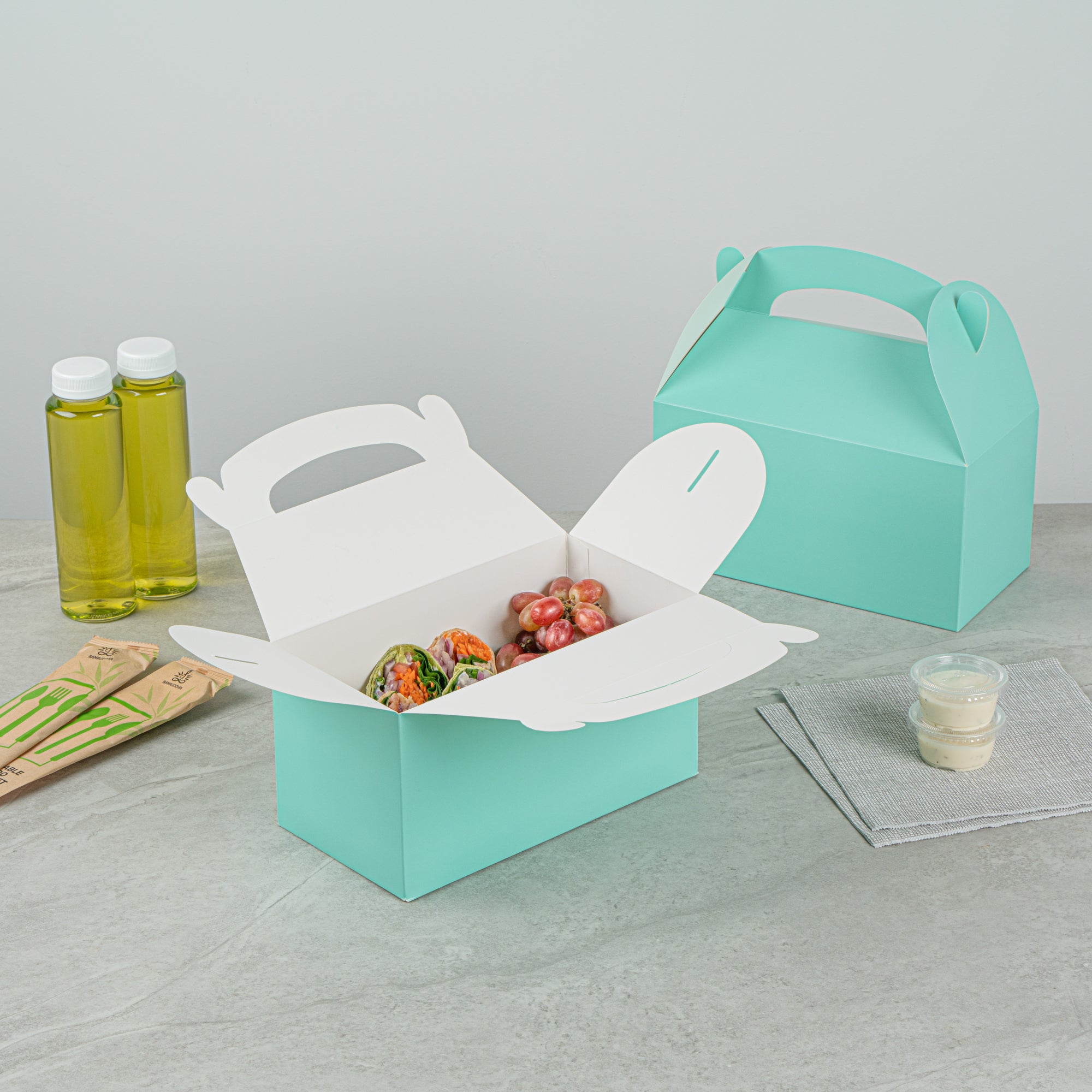 Bio Tek Turquoise Paper Gable Box / Take Out Container - Compostable - 9 1/2" x 5" x 5" - 100 count box