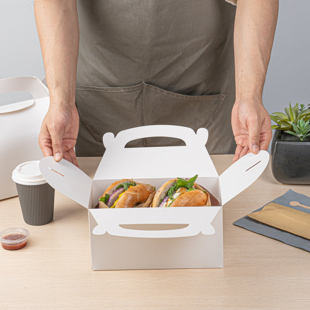 Bio Tek White Paper Gable Box / Take Out Container - Greaseproof - 9 1/2" x 5" x 5" - 25 count box