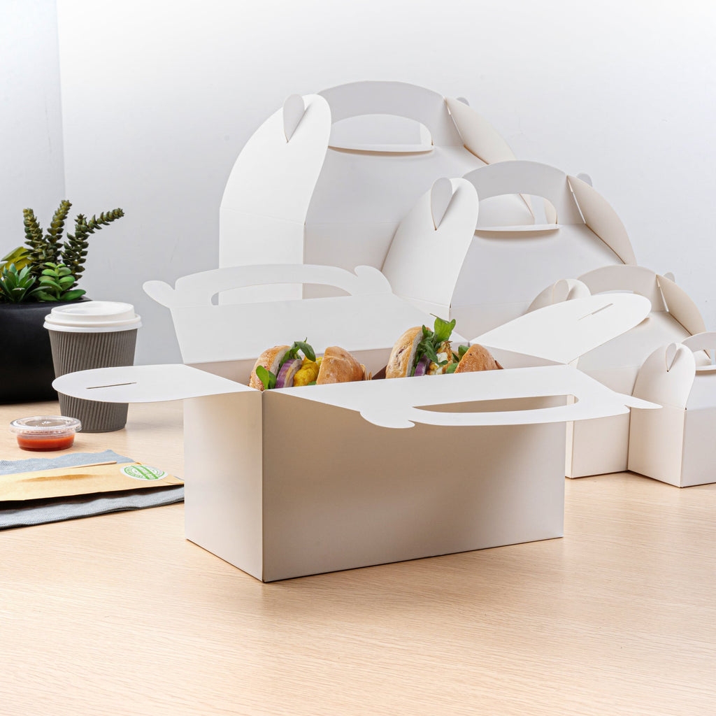 Bio Tek White Paper Gable Box / Take Out Container - Greaseproof - 9 1/2" x 5" x 5" - 100 count box