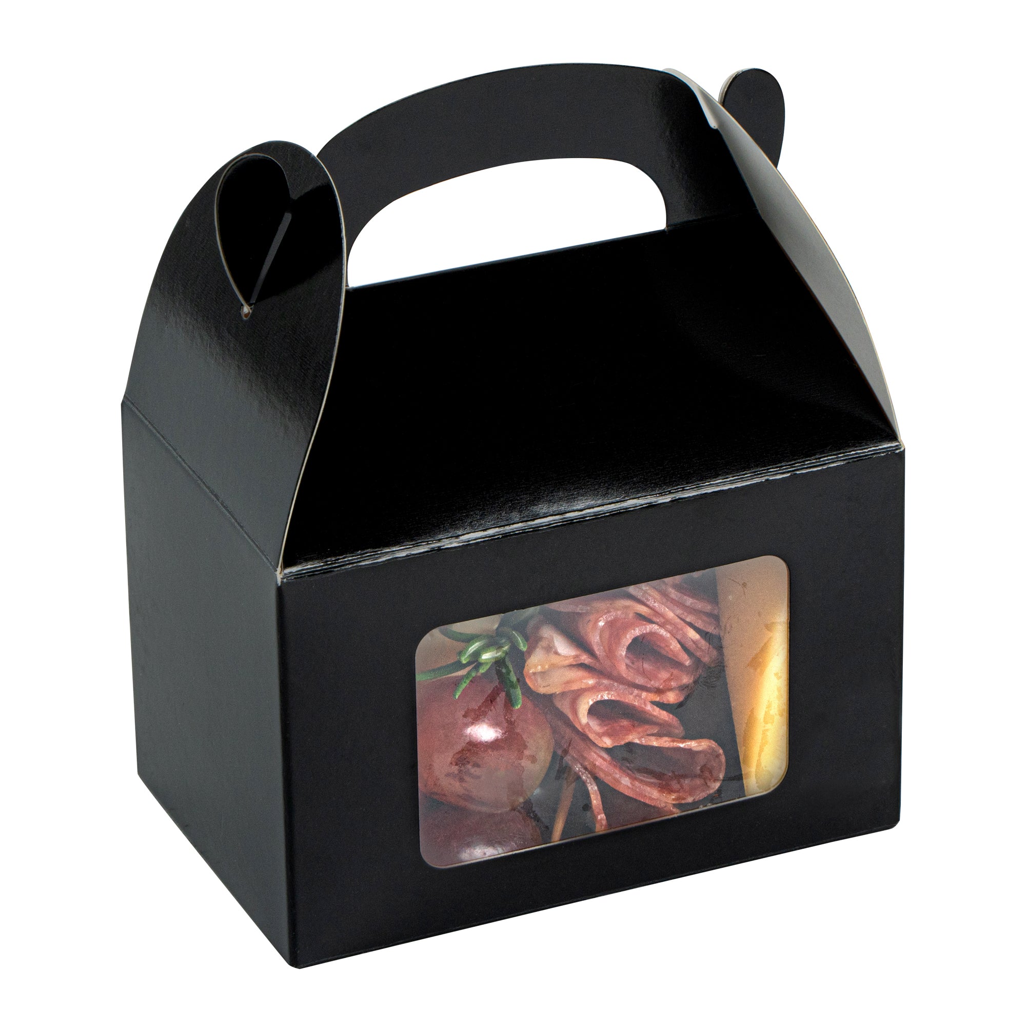 Bio Tek Black Paper Gable Box / Take Out Container - Greaseproof, with Window - 4" x 2 1/2" x 2 1/2" - 100 count box