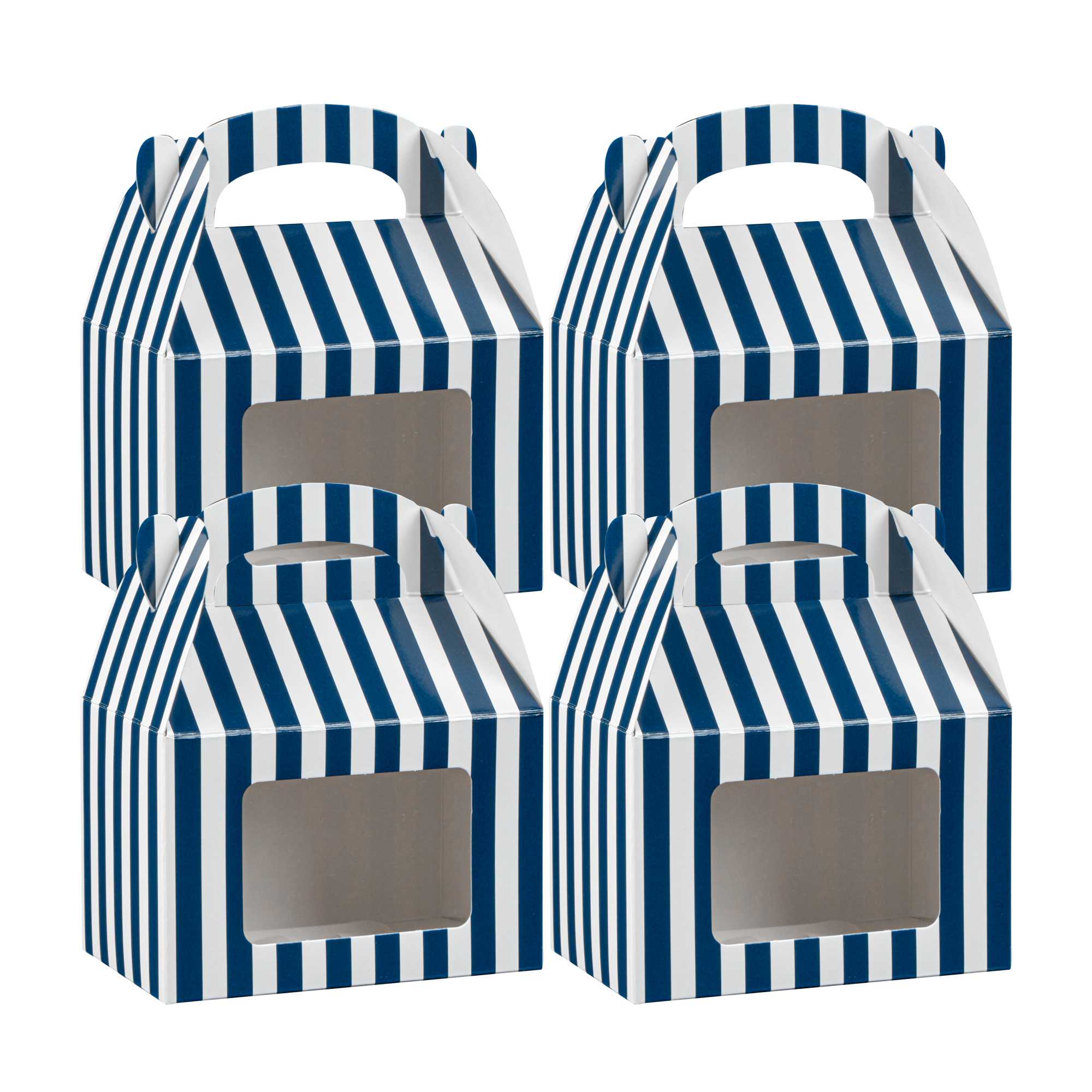 Bio Tek Blue & White Stripe Paper Gable Box / Take Out Container - with Window - 4" x 2 1/2" x 2 1/2" - 25 count box