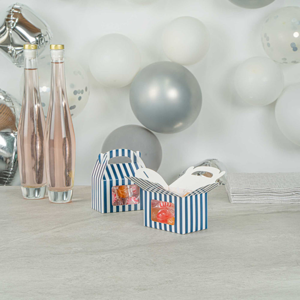 Bio Tek Blue & White Stripe Paper Gable Box / Take Out Container - with Window - 4" x 2 1/2" x 2 1/2" - 25 count box