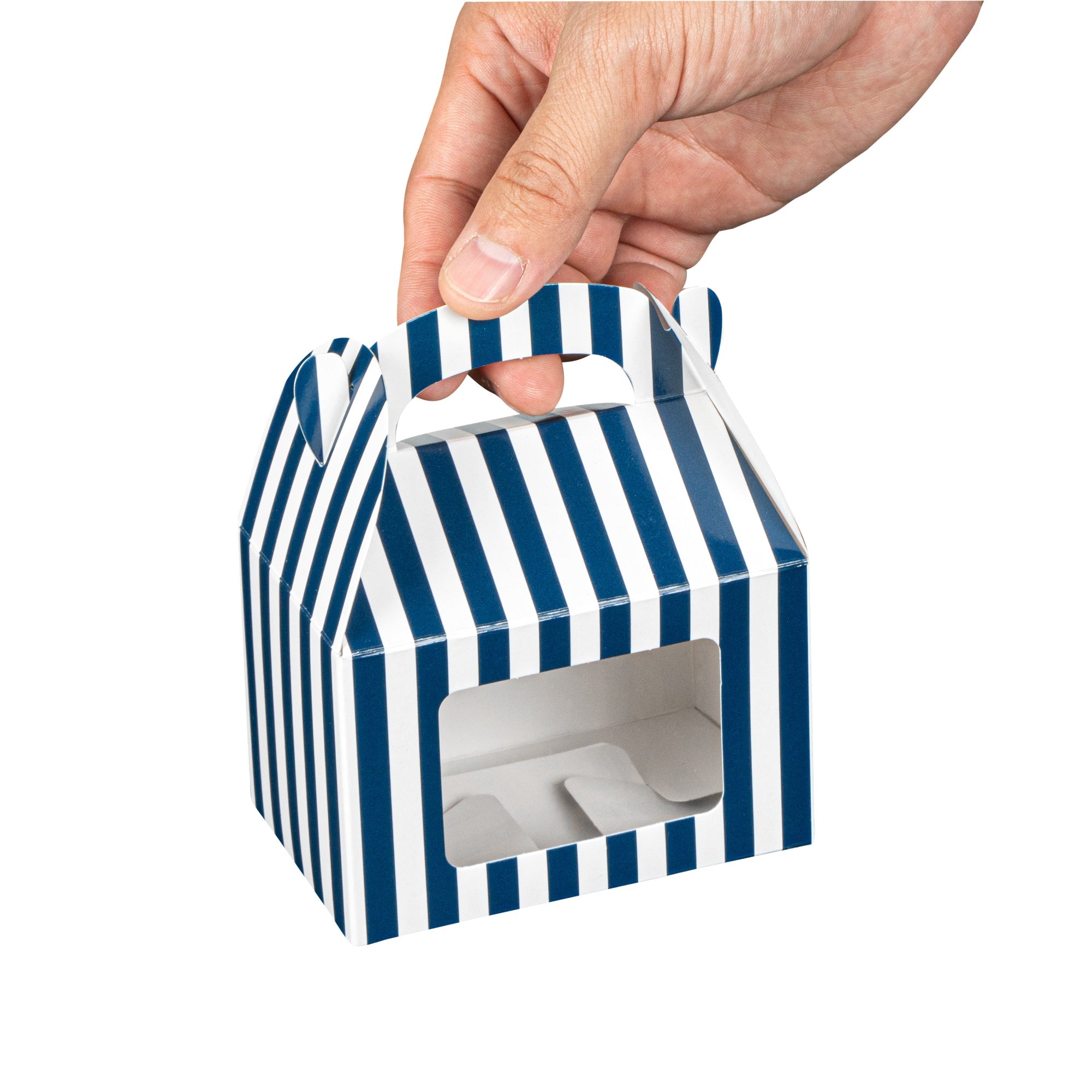 Bio Tek Blue & White Stripe Paper Gable Box / Take Out Container - with Window - 4" x 2 1/2" x 2 1/2" - 100 count box