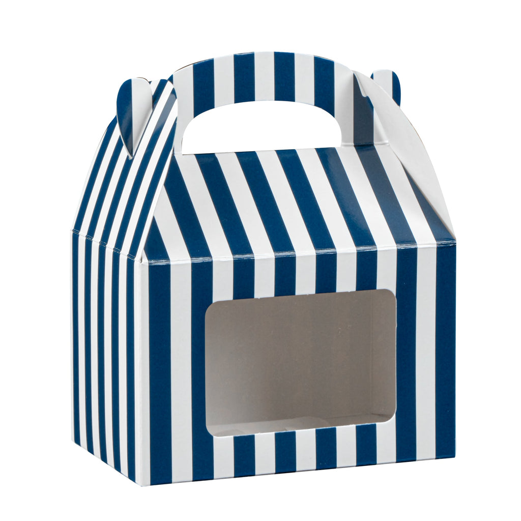 Bio Tek Blue & White Stripe Paper Gable Box / Take Out Container - with Window - 4" x 2 1/2" x 2 1/2" - 100 count box