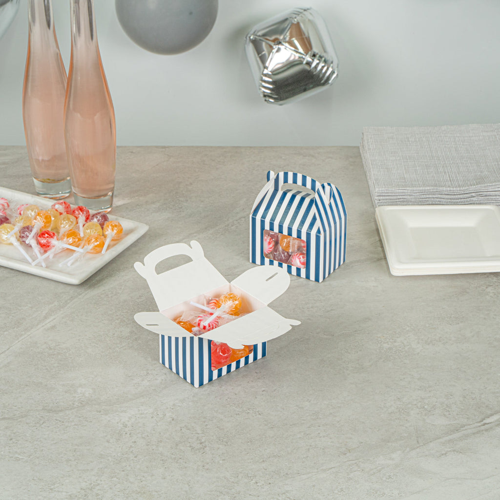 Bio Tek Blue & White Stripe Paper Gable Box / Take Out Container - with Window - 4" x 2 1/2" x 2 1/2" - 100 count box