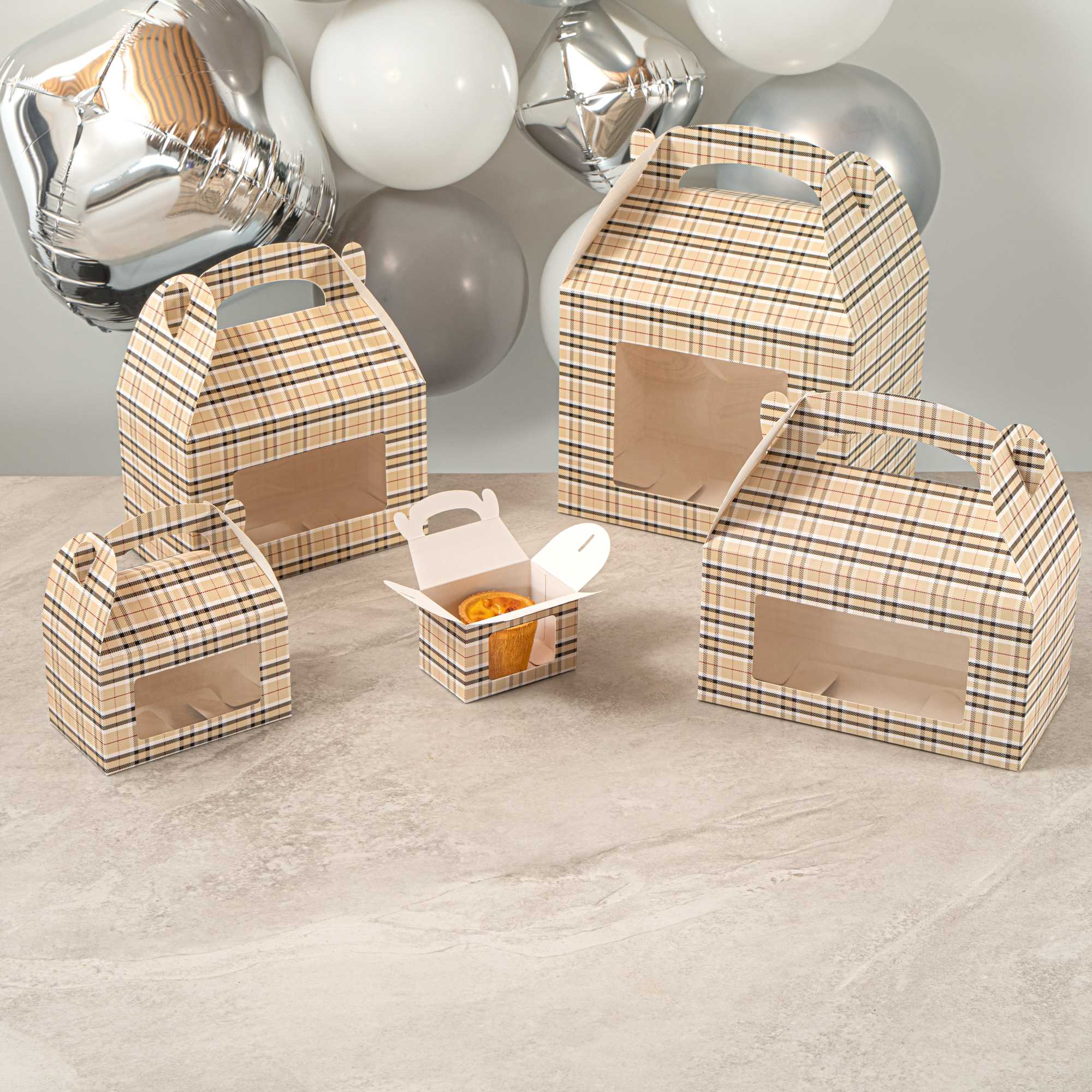Bio Tek Plaid Paper Gable Box / Take Out Container - with Window - 4" x 2 1/2" x 2 1/2" - 25 count box