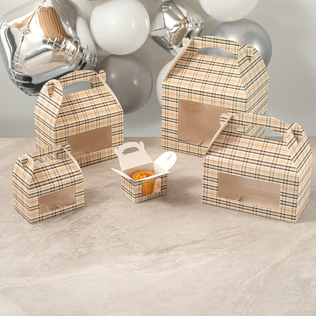 Bio Tek Plaid Paper Gable Box / Take Out Container - with Window - 4" x 2 1/2" x 2 1/2" - 100 count box