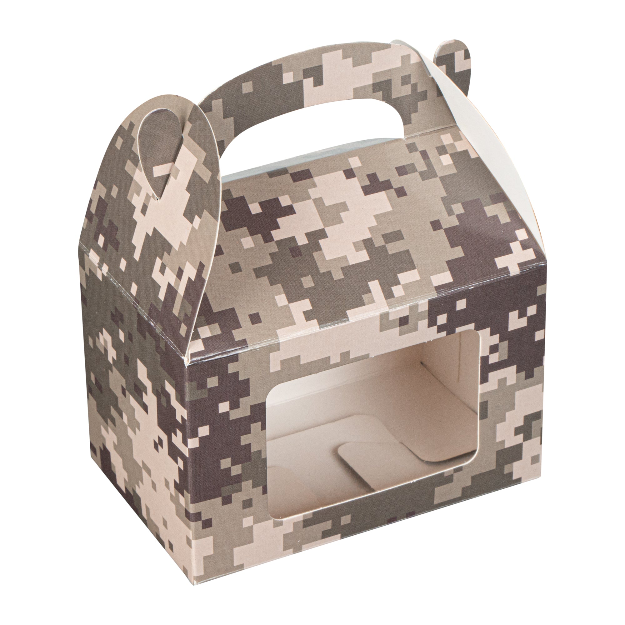 Bio Tek Camouflage Paper Gable Box / Take Out Container - with Window - 4" x 2 1/2" x 2 1/2" - 100 count box