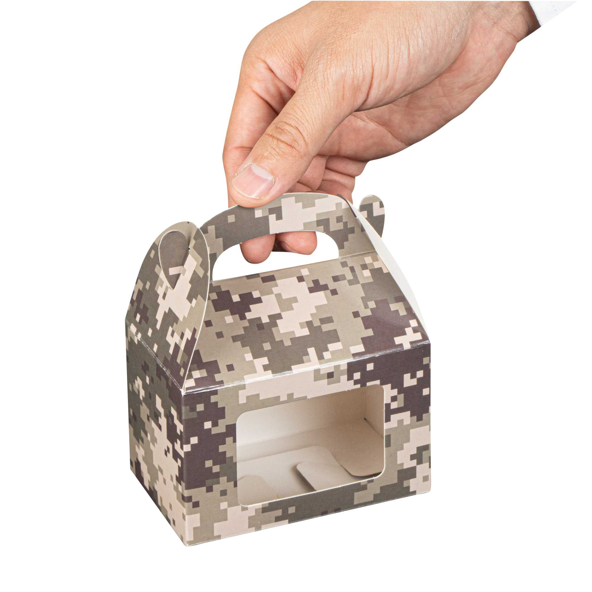 Bio Tek Camouflage Paper Gable Box / Take Out Container - with Window - 4" x 2 1/2" x 2 1/2" - 25 count box
