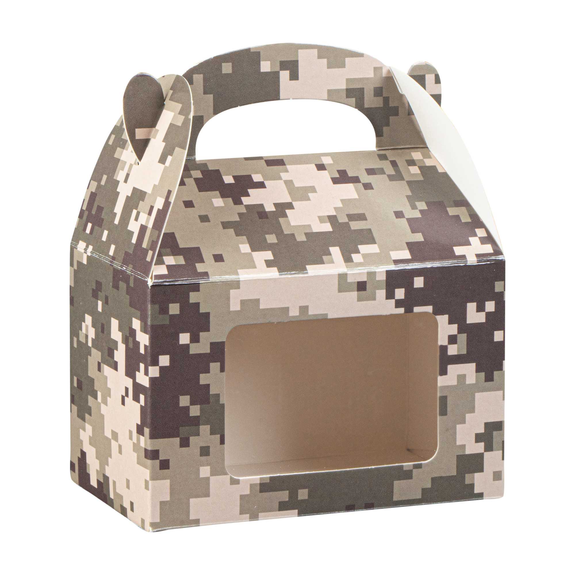 Bio Tek Camouflage Paper Gable Box / Take Out Container - with Window - 4" x 2 1/2" x 2 1/2" - 25 count box
