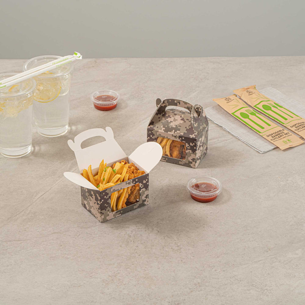 Bio Tek Camouflage Paper Gable Box / Take Out Container - with Window - 4" x 2 1/2" x 2 1/2" - 25 count box