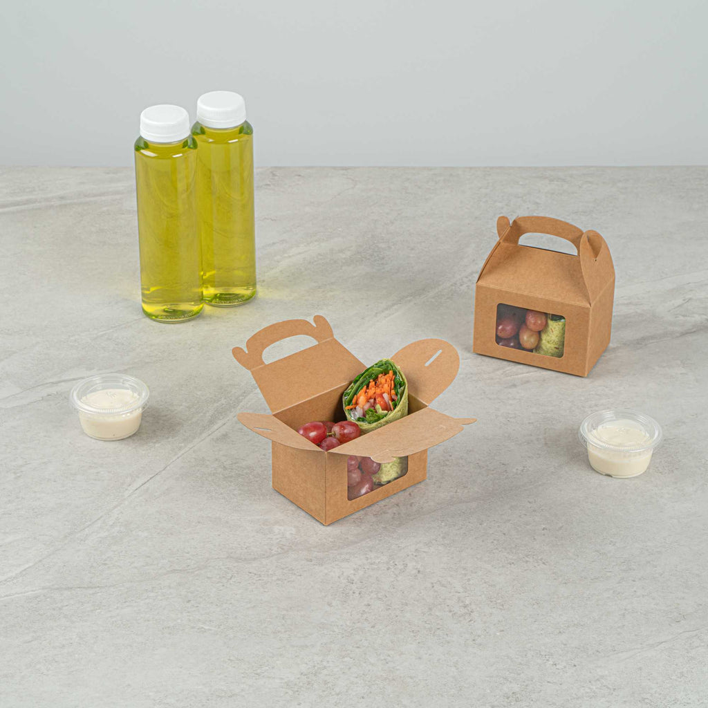 Bio Tek Kraft Paper Gable Box / Take Out Container - Greaseproof, with Window - 4" x 2 1/2" x 2 1/2" - 25 count box