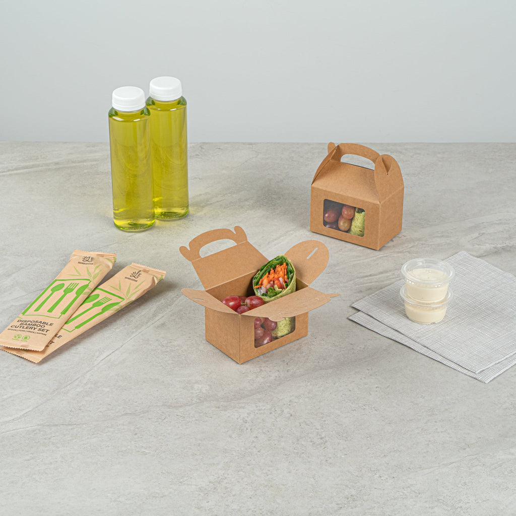 Bio Tek Kraft Paper Gable Box / Take Out Container - Greaseproof, with Window - 4" x 2 1/2" x 2 1/2" - 100 count box