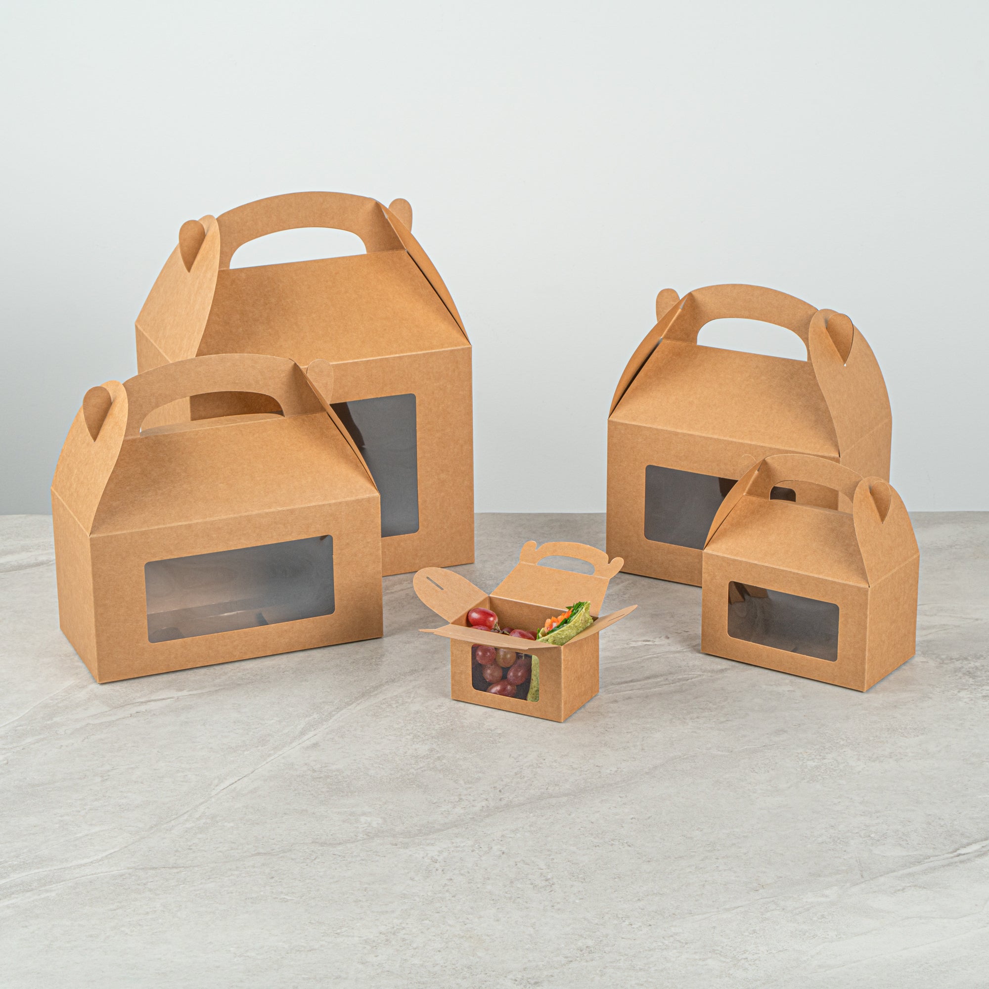 Bio Tek Kraft Paper Gable Box / Take Out Container - Greaseproof, with Window - 4" x 2 1/2" x 2 1/2" - 100 count box