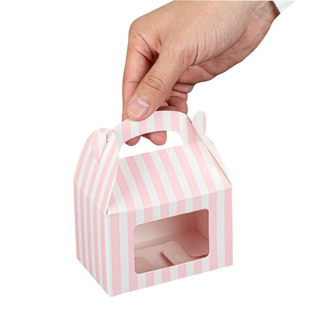 Bio Tek Pink & White Stripe Paper Gable Box / Take Out Container - with Window - 4" x 2 1/2" x 2 1/2" - 25 count box