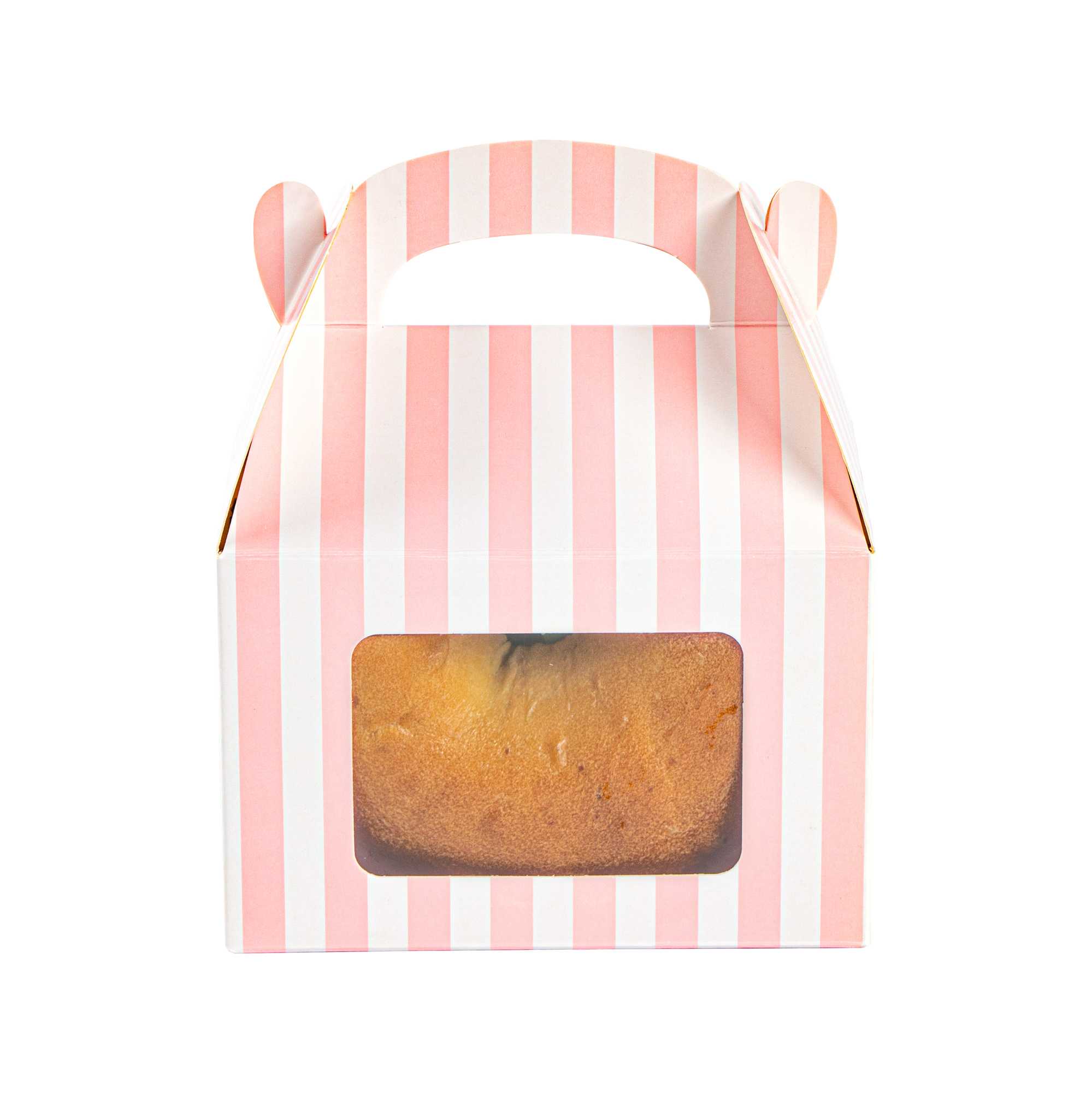 Bio Tek Pink & White Stripe Paper Gable Box / Take Out Container - with Window - 4" x 2 1/2" x 2 1/2" - 25 count box