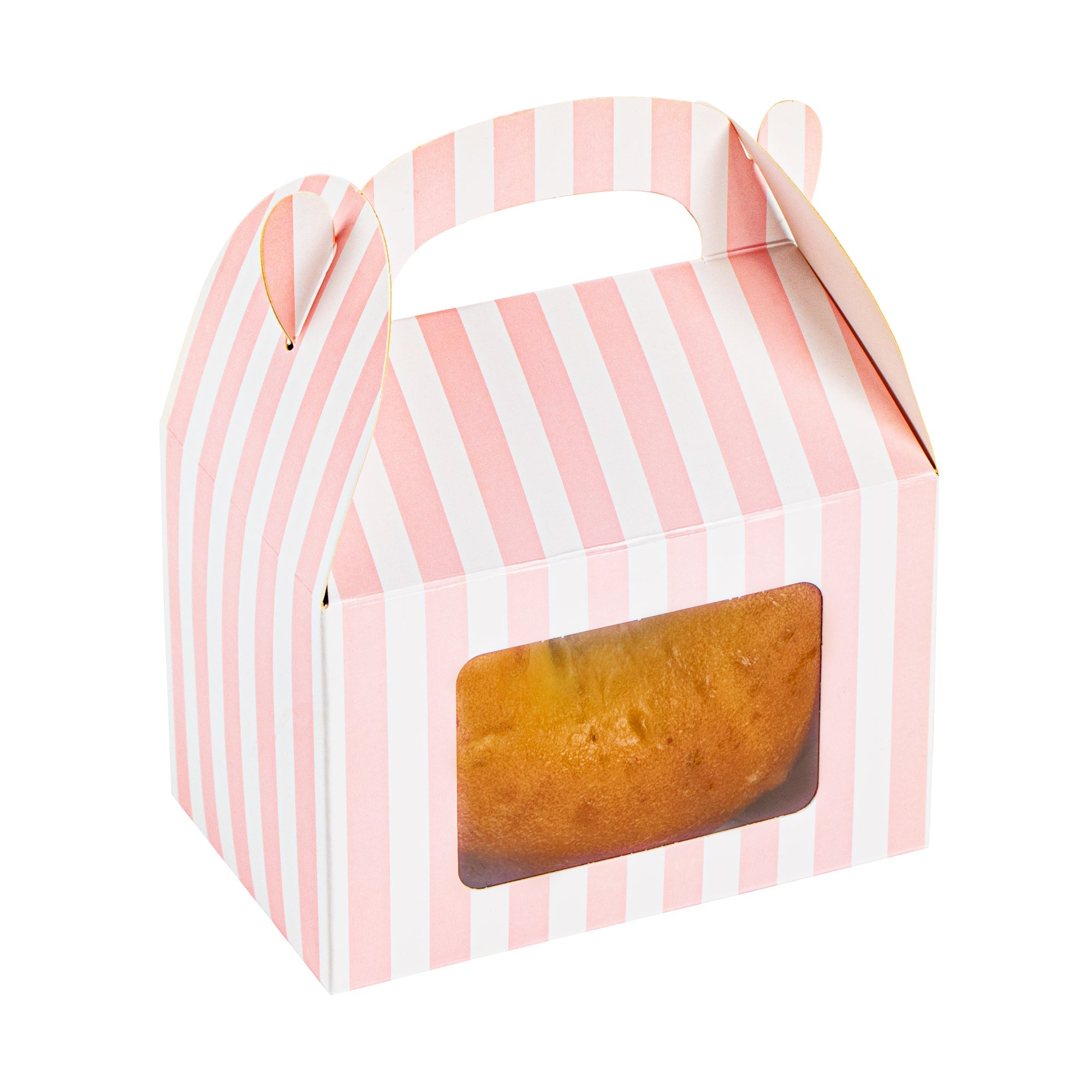 Bio Tek Pink & White Stripe Paper Gable Box / Take Out Container - with Window - 4" x 2 1/2" x 2 1/2" - 100 count box