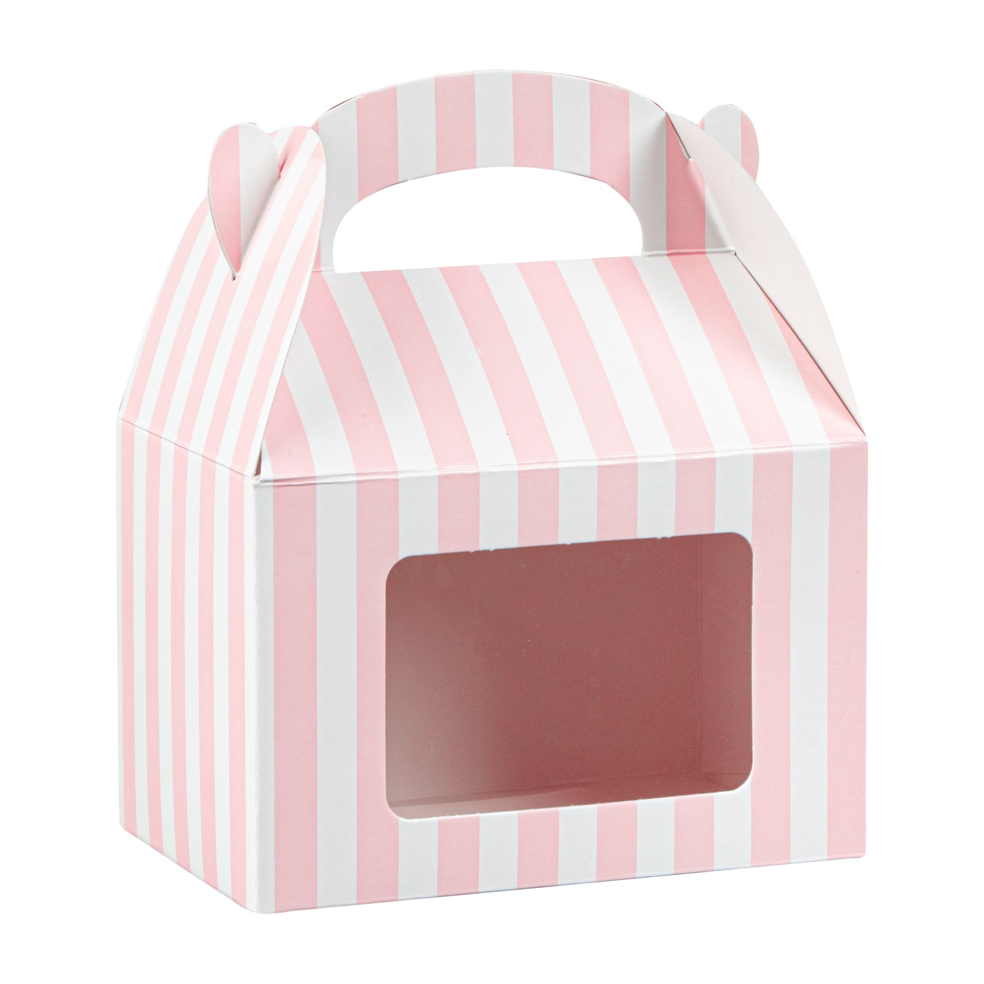 Bio Tek Pink & White Stripe Paper Gable Box / Take Out Container - with Window - 4" x 2 1/2" x 2 1/2" - 100 count box