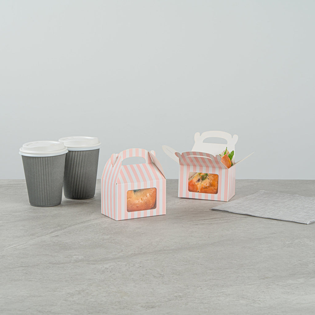 Bio Tek Pink & White Stripe Paper Gable Box / Take Out Container - with Window - 4" x 2 1/2" x 2 1/2" - 100 count box