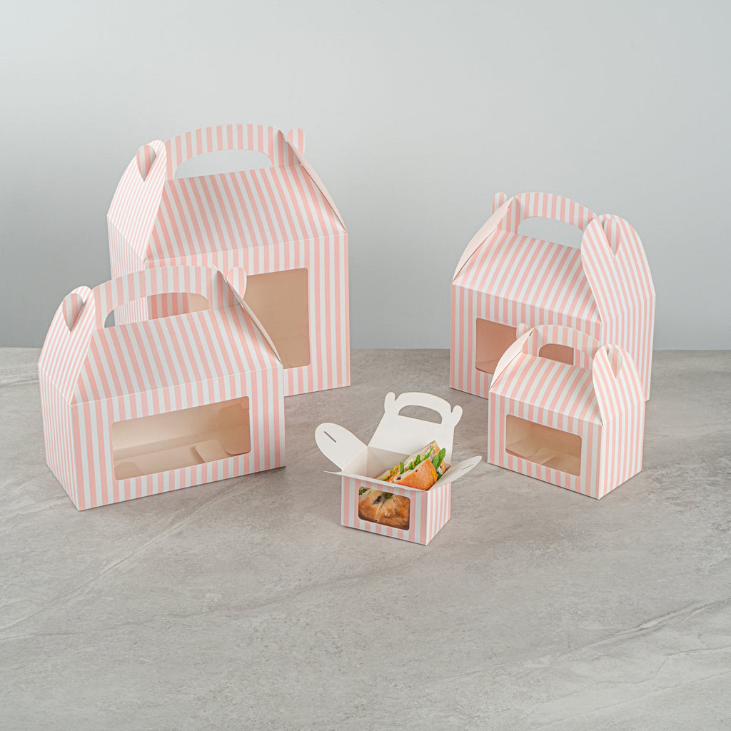 Bio Tek Pink & White Stripe Paper Gable Box / Take Out Container - with Window - 4" x 2 1/2" x 2 1/2" - 100 count box