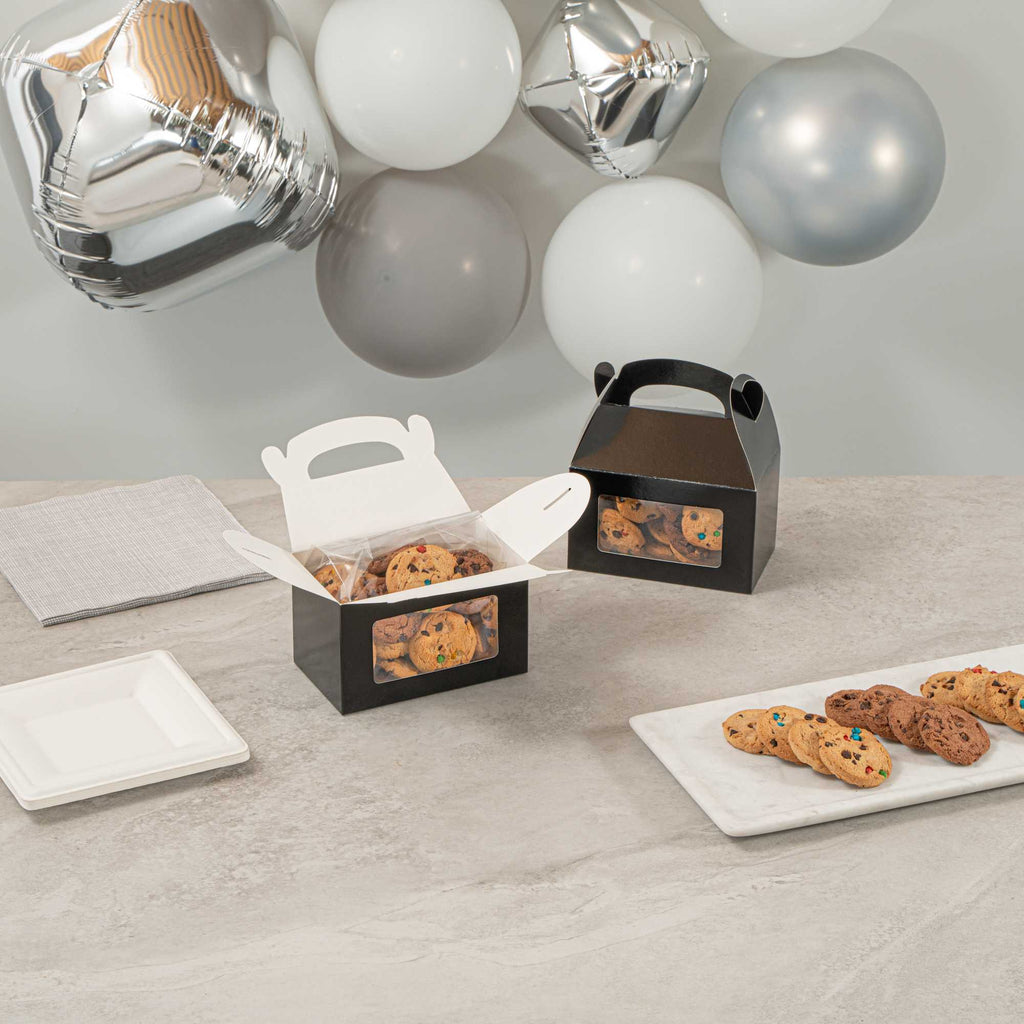 Bio Tek Black Paper Gable Box / Take Out Container - Greaseproof, with Window - 6" x 3 1/2" x 3 1/2" - 25 count box