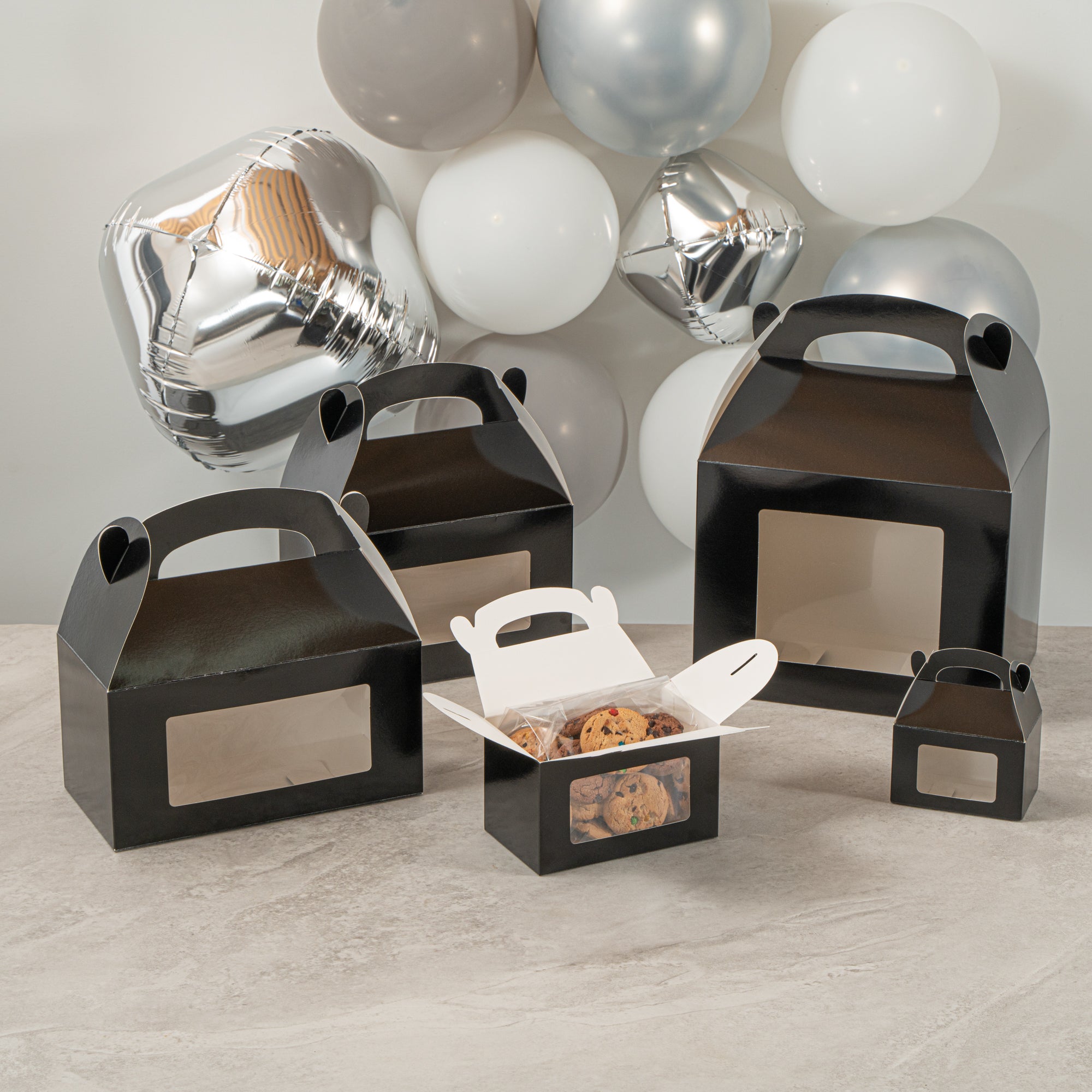 Bio Tek Black Paper Gable Box / Take Out Container - Greaseproof, with Window - 6" x 3 1/2" x 3 1/2" - 100 count box